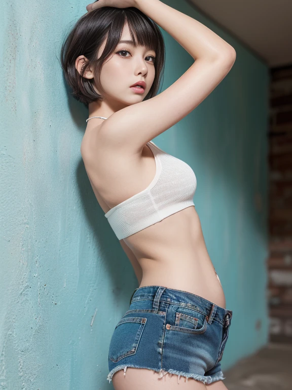 (((Highly detailed CG unit 8k wallpaper, masterpiece, High resolution, highest quality))), ((Beautiful woman, Model-like posture, Acrobatic Poses,grunge fashion, wearing a camisole:1.2,Very short damage denim booty shorts), ((highly detailed face, Highly detailed black eyes, extra detailed body, highest qualityのリアルテクスチャスキン)), (Short Bob Cut Hair, white skin, exposed belly), (colorfully painted wall), surreal, digital paint,