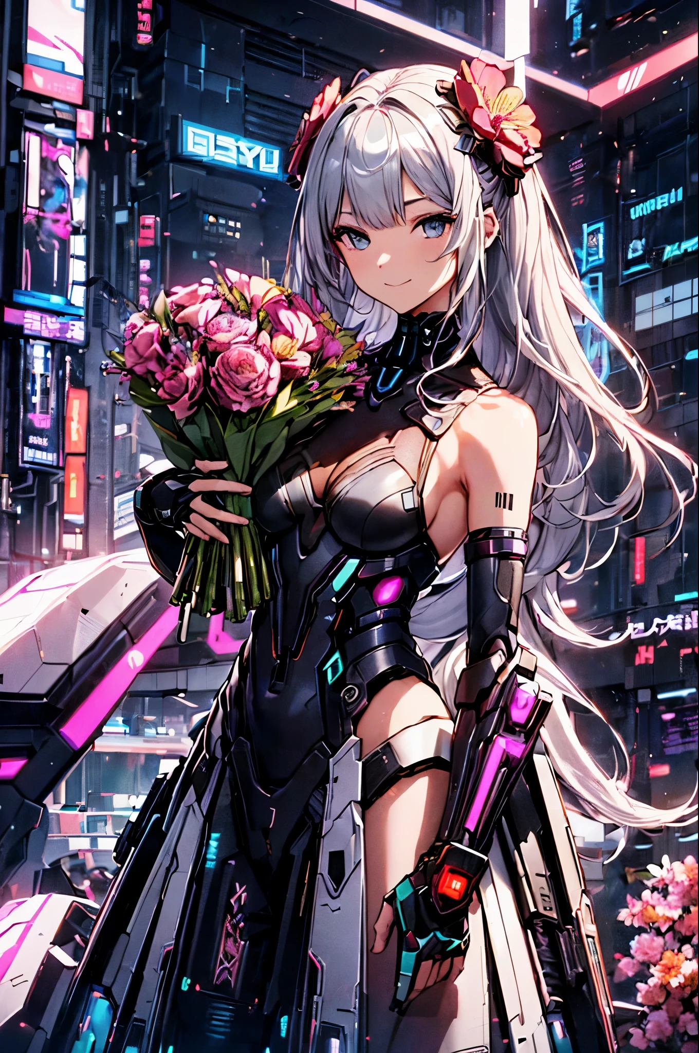 4K、best image quality,excellent details,hyper quality skin、ultra high resolution,(fidelity:1.4),best illustrations,Focus on the details,(official art, beautiful and aesthetic:1.2),
1 girl, (long silver hair、Bangs are black:1.2), wavy hair, smile, (Sexy cyberpunk costumes.Cybertechware)、I will give you a bouquet of flowers、Let's pick up various bouquets、
(I will give you a bouquet of flowers:1.6), (fancy futuristic background:1.1),
