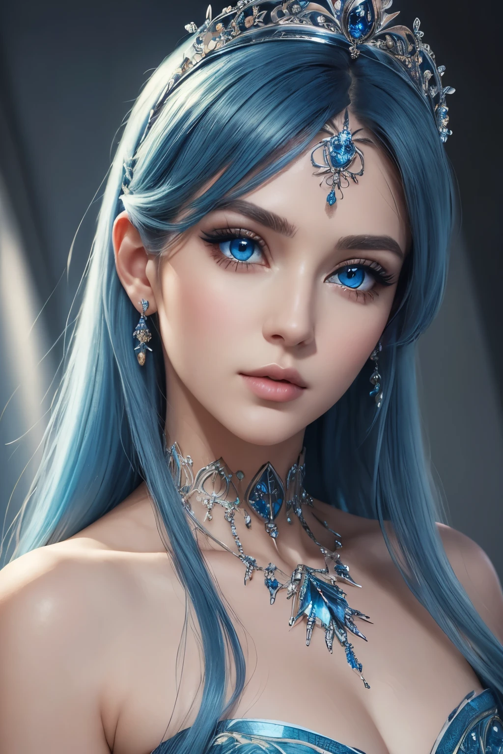 true masterpiece, a beautiful gorgeous fairy princess woman, blue hair, blue eyes, symmetrical eyes, detailed eyes, high quality eyes, perfect eyes, blue dress, perfect face, blue eyeshadow makeup on her eyes, eyeliner, very long beautiful eyelashes, blue necklacke, blue tiara on her head, high quality face, gentle face, realistic, photorealistic, shiny skin, (masterpiece:1.5), concept art, intricate details, highly detailed, octane render, 8k, unreal engine, dynamic pose, best quality, highres, pale skin, beautiful makeup, stunning beauty, very long eyelashes, 32k, high dynamic range, ultra realistic, highly detailed, high definition, extraordinary, stunning, beautiful, serene, normal proportions, perfect anatomy, realistic face, realistic eyes, highly detailed face, highly detailed body, high details, intricate clothing, glowing shadows, beautiful gradient, depth of field, clean image, extremely detailed face, highly detailed background, perfection, dreamy, gentle face, flowing, bright, bright background, sparkles in background, rays of light, plump lips, dazzling eyes, foreground, top of her dress is visible