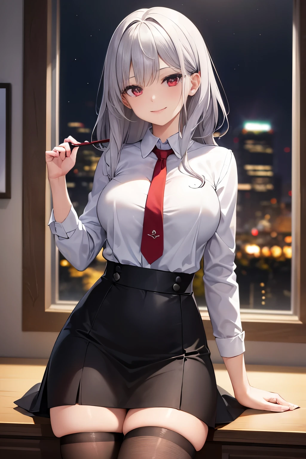 (Masterpiece, best quality), Raw picture of a beautiful woman, (white_shirt, red_tie), black mini skirt, thighs, office outfit, dynamoc pose, (sparkling red eyes), detailed eyes, black eyeshadow, glossy lips, ((silver hair)), hair clips, (wavy hair, hair strands), collarbone, neck details, (beautiful round breasts), standing, leaning on window, night sky, soft ambient lighting, intrinsic details, aesthetic view, looking at the viewer, professional, HD, 8K, (absurdres:1.2), highly detailed, vivid colors, bokeh, highly focused, (smile:1.2), pov thighs