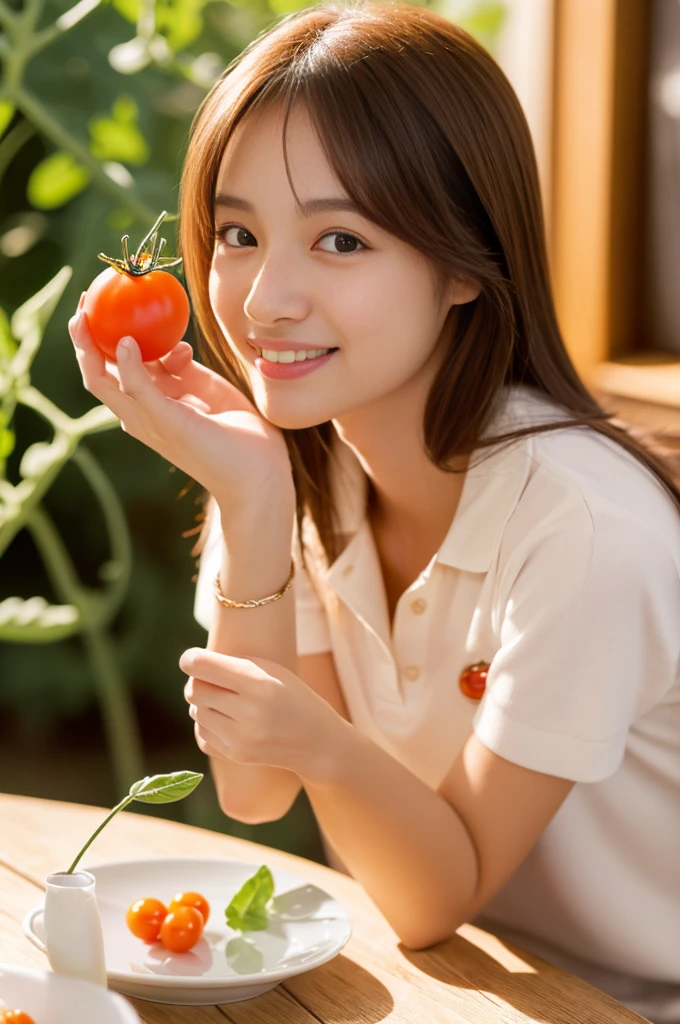 ((A girl is holding a cherry tomato in her hand)),(Tomato field),((cherry tomato)),squatting,medium shot,28 years old,ultra-realistic capture, very detailed, 人間の皮膚のHigh resolution16kクローズアップ. Skin texture must be natural, Enough detail to finely identify pores. skin needs to look healthy, with an even tone. Use natural light and color,(highest quality,4K,8K,High resolution,table top:1.2),super detailed,very detailed目と顔,beautiful and fine eyes,beautiful detailed lips,long eyelashes,((realistic)),realistic:1.37,Japanese,fine white skin,((skinny jeans)),((polo shirt)),beautiful and magnificent composition,table top,Charm,cute,silky smooth and straight hair,sharp focus,sunset,smiling cheerfully,(With a round face)