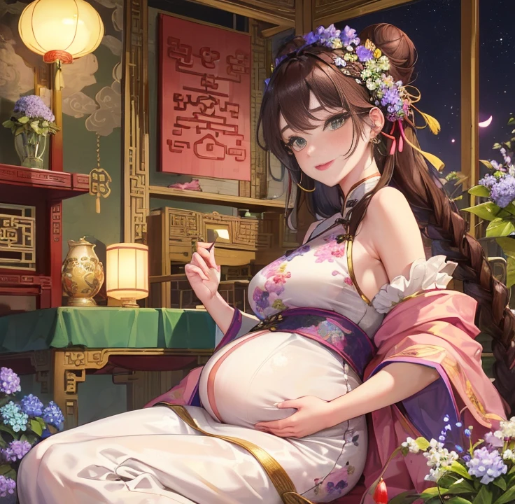 masterpiece, best quality,Five months pregnant, aldult, Chinese style, China, elder sister, Smile, brown hair, princess cut, Full of motherhood,Hanfu,Pure affection,blush,Dignified yet lively,Mother,Place your hands on your stomach,Full of motherhood,Sexy,charming,Graceful and graceful,A thousand flavors,charming,With a royal air,long hair,With hairpins,长Hanfu,beautiful,beautiful,The hand caressed the belly,charming的,眼神Lovely,Lovely,white pantyhose