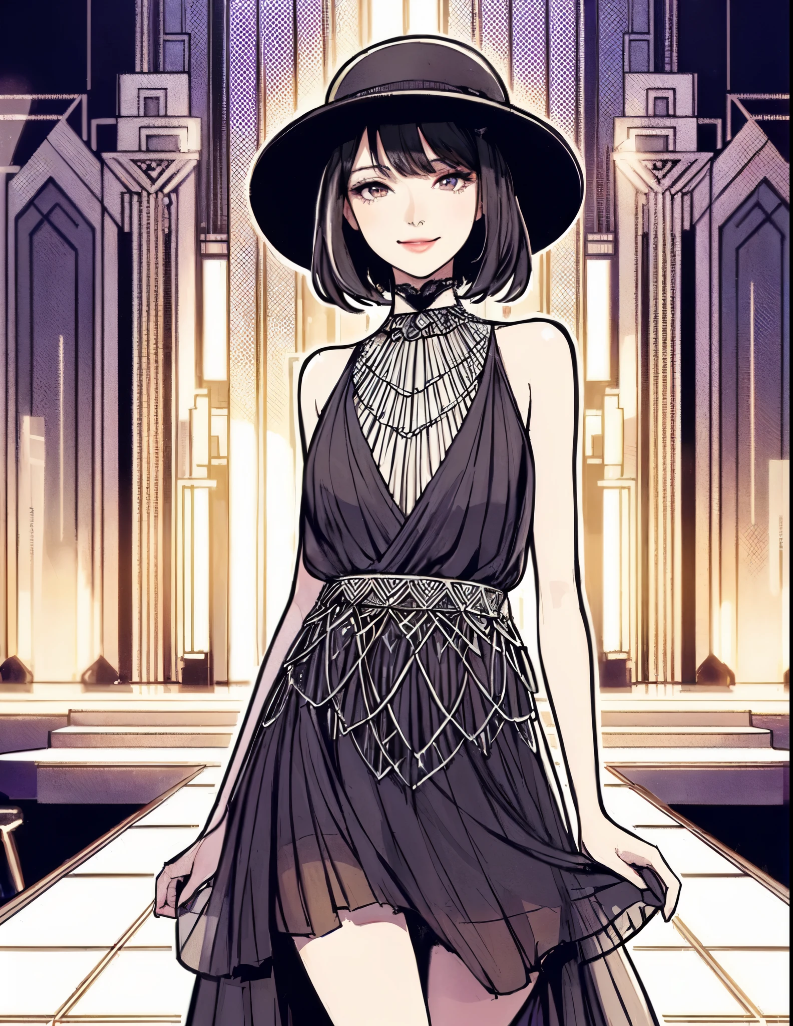 1lady solo, (contrapposto:1.2) on central stage, model, (chic dress) stylish outfit, mature female, /(black hair/) bangs, elegantly smile, (masterpiece best quality:1.2) delicate illustration ultra-detailed, medium breasts BREAK (Art Deco style dress:1.2) (geometric pattern:1.2), simple, minimal decoration BREAK (fashion show:1.2) (bustling venue indoors), (Art Deco style:1.2), spotlight, audience, detailed background