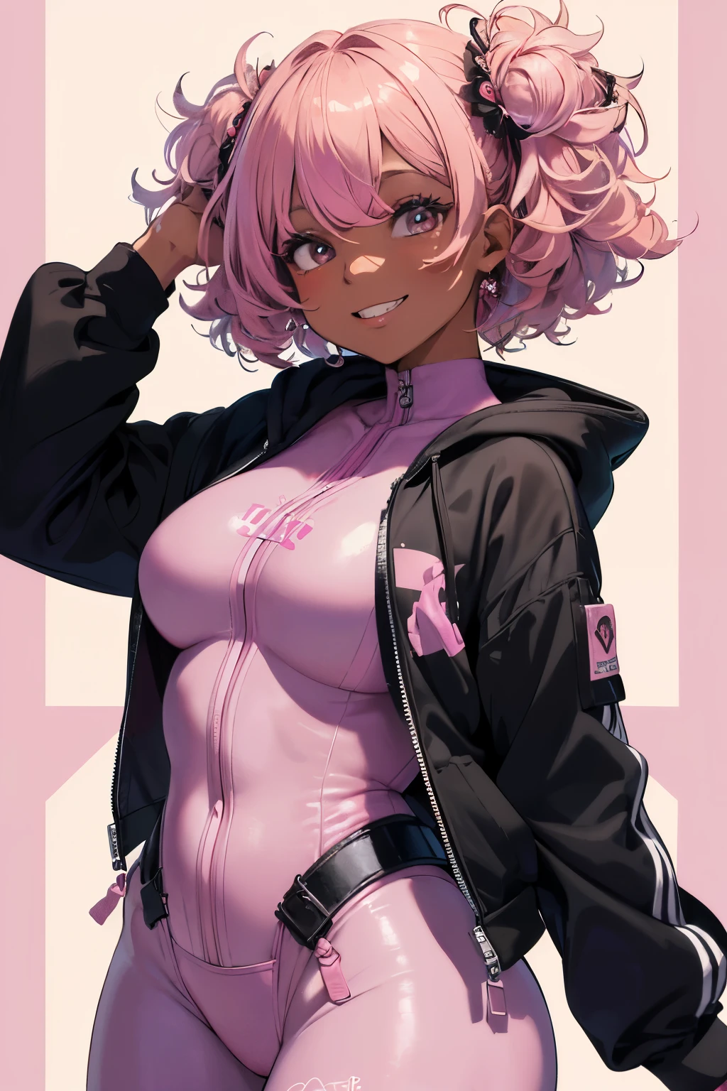 make realistic,(masterpiece,best quality, Beauty and aesthetics:1.2),Heavily detailed, Colorful,Most detailed, (chubby), (1girl), Pink hair, (short curly hair), (pink hair), (dark skin), Looking at the camera, ((pink bodysuit)),shot bodysuit, cropped hoodie, pink and black, (smiling1:1), waist