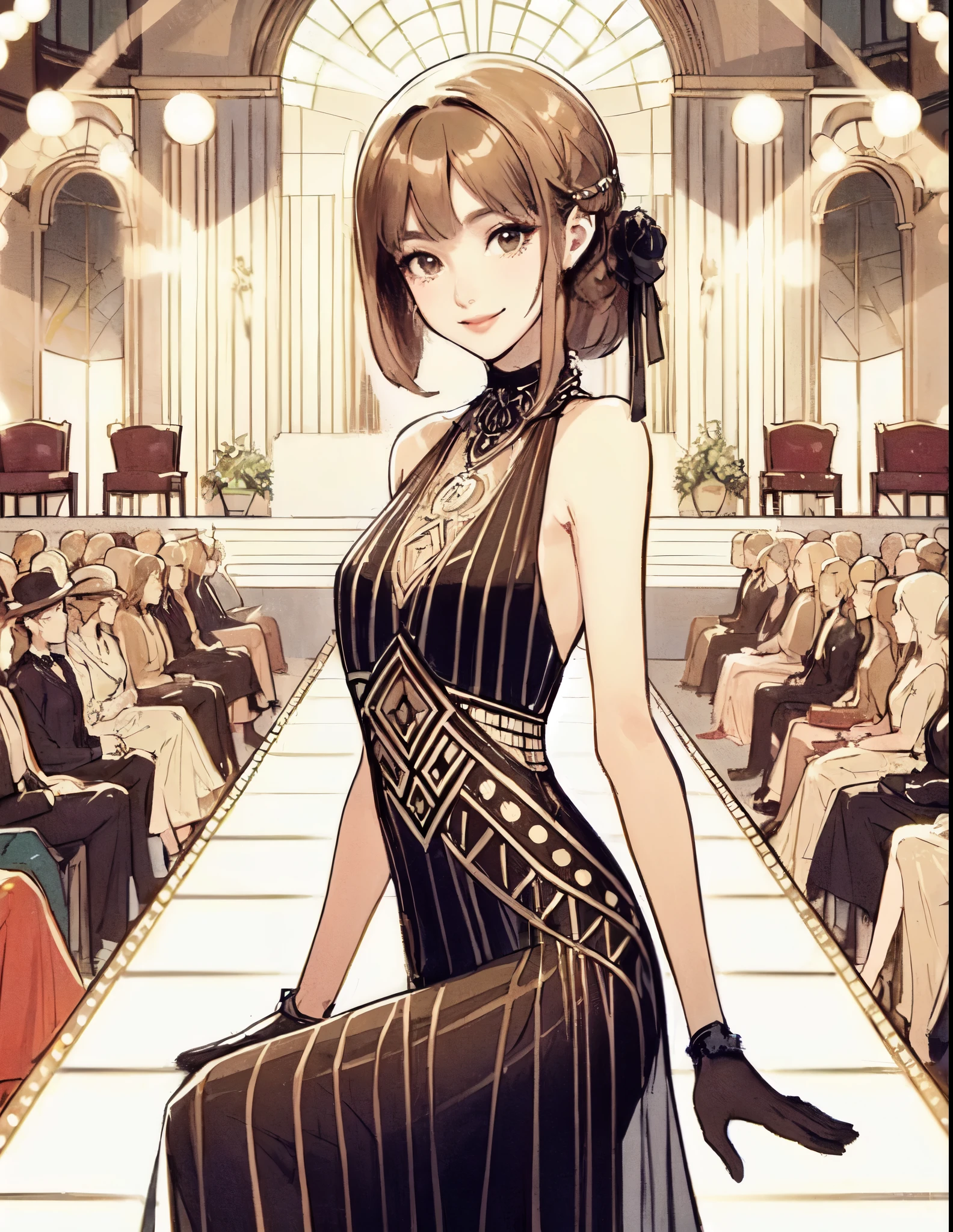 1lady solo, (contrapposto:1.2) on central stage, model, (chic black dress) stylish outfit, mature female, /(light brown hair/) bangs, elegantly smile, (masterpiece best quality:1.2) delicate illustration ultra-detailed, medium breasts BREAK (Art Deco style dress:1.2) (geometric pattern:1.2), simple, minimal decoration BREAK (fashion show:1.2) (bustling venue indoors), (Art Deco style:1.2), spotlight, audience, detailed background