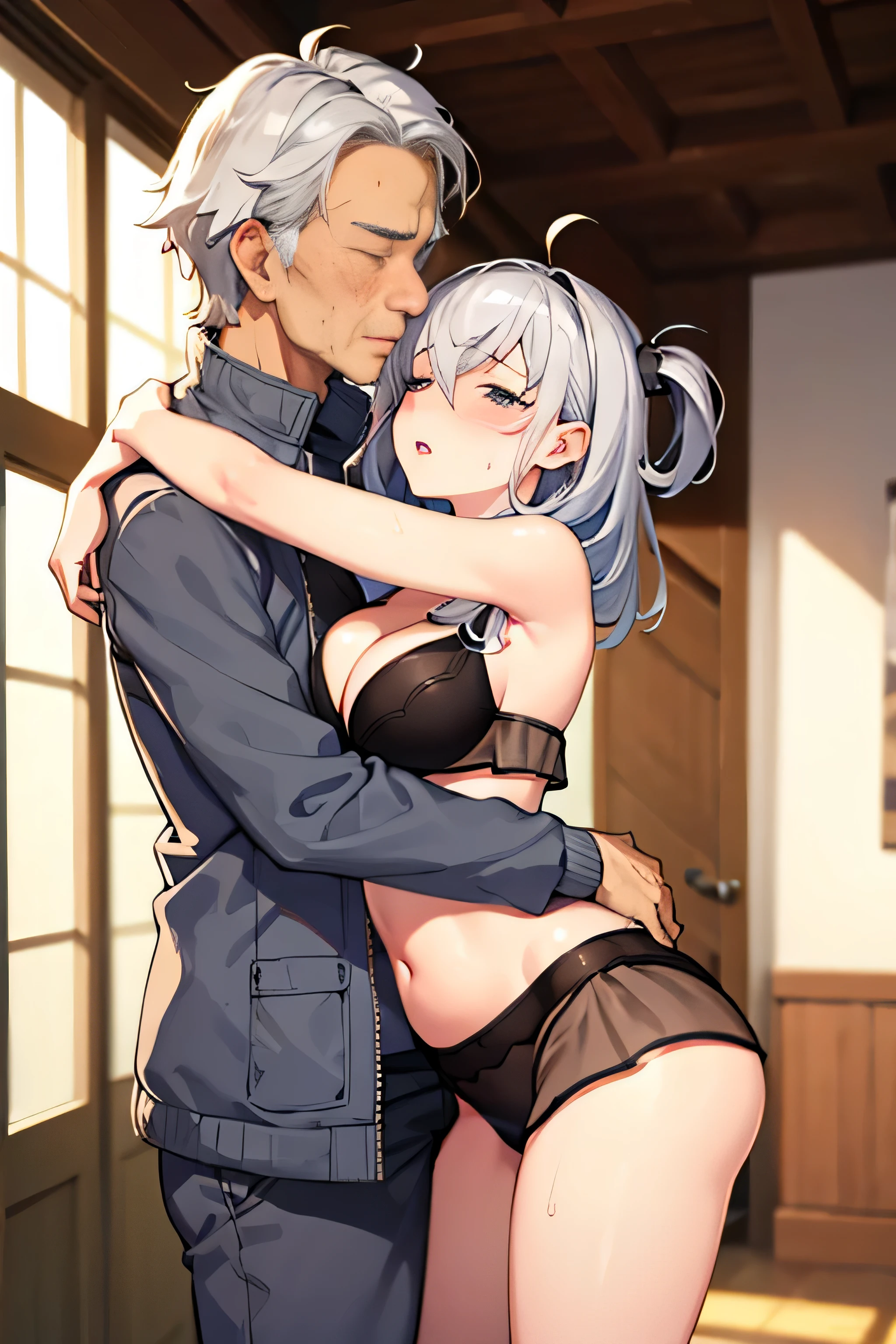 ((1 elderly person、1 female,have sex:1.3)),hug from behind,Chest grab:1.6),(Ahegao, blush, Sweat, open your mouth, roll your eyes, tears, stick out tongue,)(parted lips),(I feel weak when I close my eyes),(masterpiece, highest quality:1.4), (Super detailed:1.2), {shape,Picturesque}, {studio light, Picturesque}, [best shadow],
(Xiaoxi CSA)_(Shizuma CSA), (Alpha CDE:1.25)_(Gamma CDE:1.15),
break
(perfect anatomy), (symmetrical eyes, Super detailed eyes, beautiful eyes), (sharp eyeliner, Super detailed face, beautiful face), (gray eyes),
break
nice hands, perfect hands, Written by Guido Daniele,
break
SuzukiBikiniKC, (Suzuki) bikini, (black) bikini, (black) bikini skirt, (gray) Casual jacket, (Open) Casual jacket, (See-through) bikini skirt, See-through, belly button, clavicle, cleavage, bare shoulders,
break

