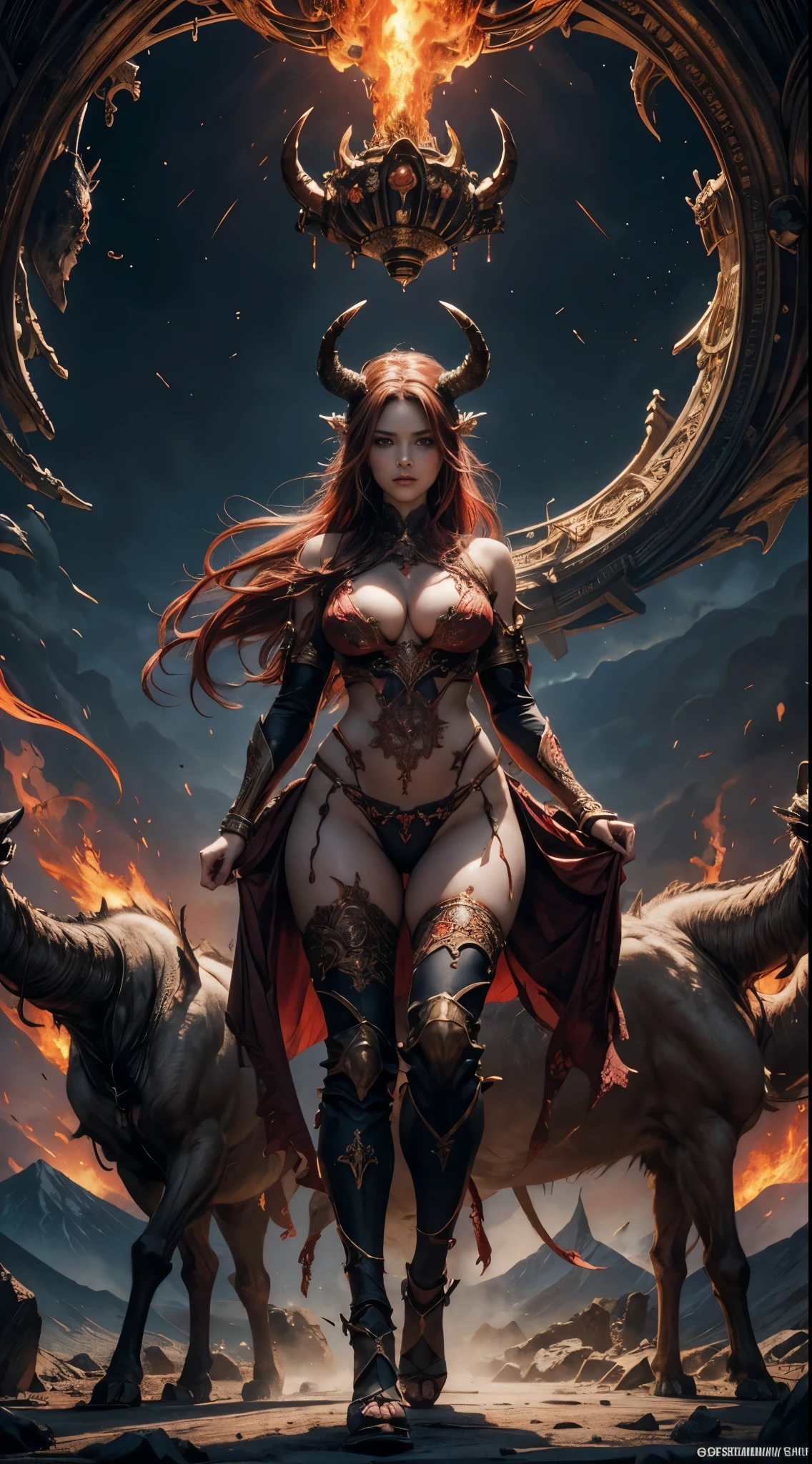 （masterpiece，top quality，best quality，official art，Beautiful and beautiful：1.2），Scene depicting Goddess of War in hell with horned red burning demon，She is a great giant，she is a lovely princess，she is a strong warrior，flame，lightning in sky，magma，At the foot of the mountain，mountains in the distance，(theelementoffire:1.4)，现实的flame，Highly realistic，correct anatomy，full-body shot，convex，cute big breasts，violent house，，Plum，longing unsatisfied，only genitalia， camel toe，Sexy gesture，，Sex huge breasts cleavage， onlyfoot，Sexy gesture，fist to flesh，（Zentangle，mandala，tangled，entangled）（Hairy and fleshy，only ，），married woman，熟妇，delicate face，美丽delicate eyes，correct anatomy，Detailed face, delicate eyes，Divine light，gold foil，gold foil艺术，Deep background，absurd，marvelous and unbelievable，epic work，(intricate details，Ultra-detailed:1.2)，Super real photos, epic reality,  ((neutral color)),(pastel colors:1.2), surreal, + lens + dynamic composition, Extremely detailed, sharpen, Normal, warm light, Light effect, dramatic light, (intricate details:1.1), complex background, (greg rutkovsky:0.8),  (black and red:0.4），