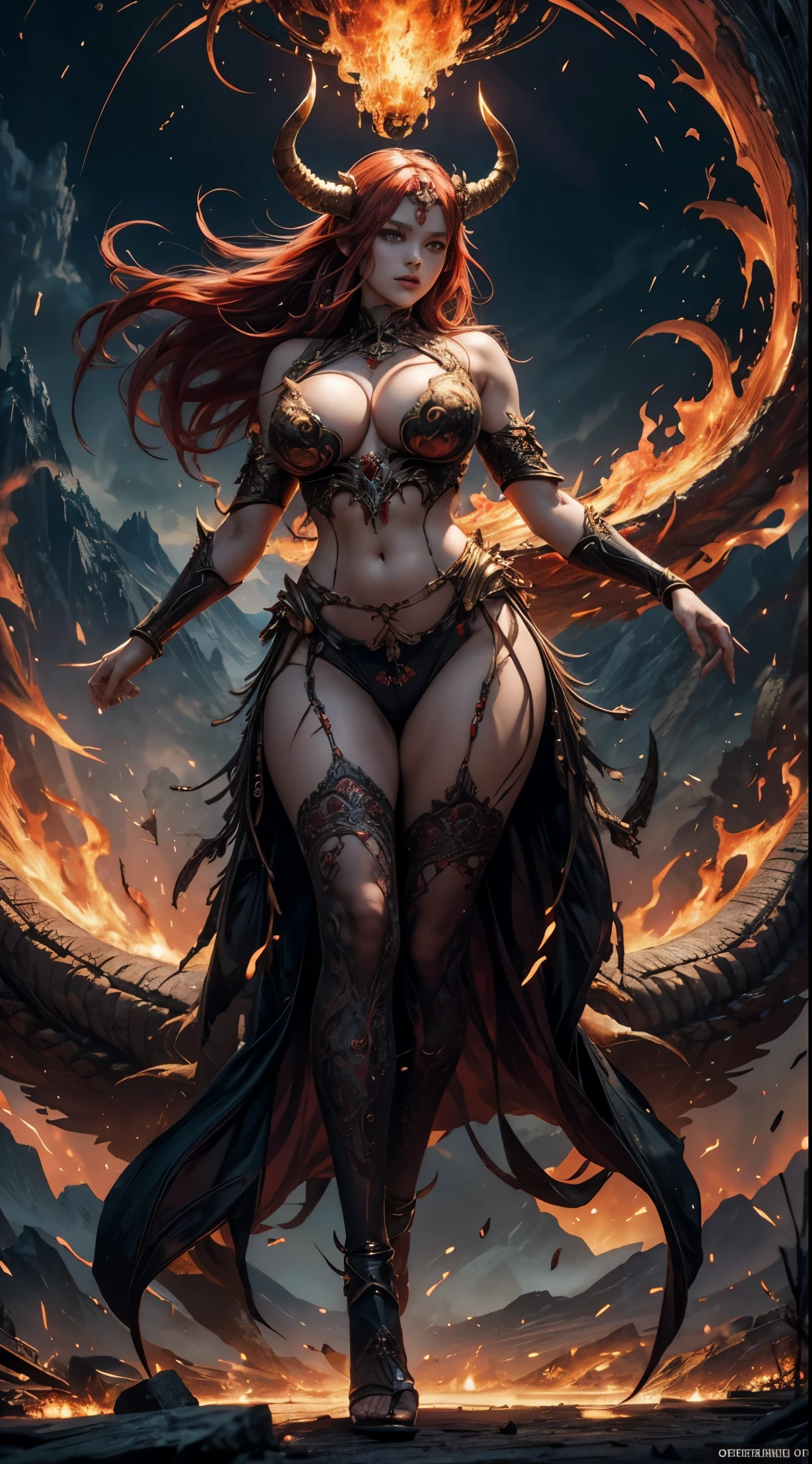 （masterpiece，top quality，best quality，official art，Beautiful and beautiful：1.2），Scene depicting Goddess of War in hell with horned red burning demon，She is a great giant，she is a lovely princess，she is a strong warrior，flame，lightning in sky，magma，At the foot of the mountain，mountains in the distance，(theelementoffire:1.4)，现实的flame，Highly realistic，correct anatomy，full-body shot，convex，cute big breasts，violent house，，Plum，longing unsatisfied，only genitalia， camel toe，Sexy gesture，，Sex huge breasts cleavage， onlyfoot，Sexy gesture，fist to flesh，（Zentangle，mandala，tangled，entangled）（Hairy and fleshy，only ，），married woman，熟妇，delicate face，美丽delicate eyes，correct anatomy，Detailed face, delicate eyes，Divine light，gold foil，gold foil艺术，Deep background，absurd，marvelous and unbelievable，epic work，(intricate details，Ultra-detailed:1.2)，Super real photos, epic reality,  ((neutral color)),(pastel colors:1.2), surreal, + lens + dynamic composition, Extremely detailed, sharpen, Normal, warm light, Light effect, dramatic light, (intricate details:1.1), complex background, (greg rutkovsky:0.8),  (black and red:0.4），