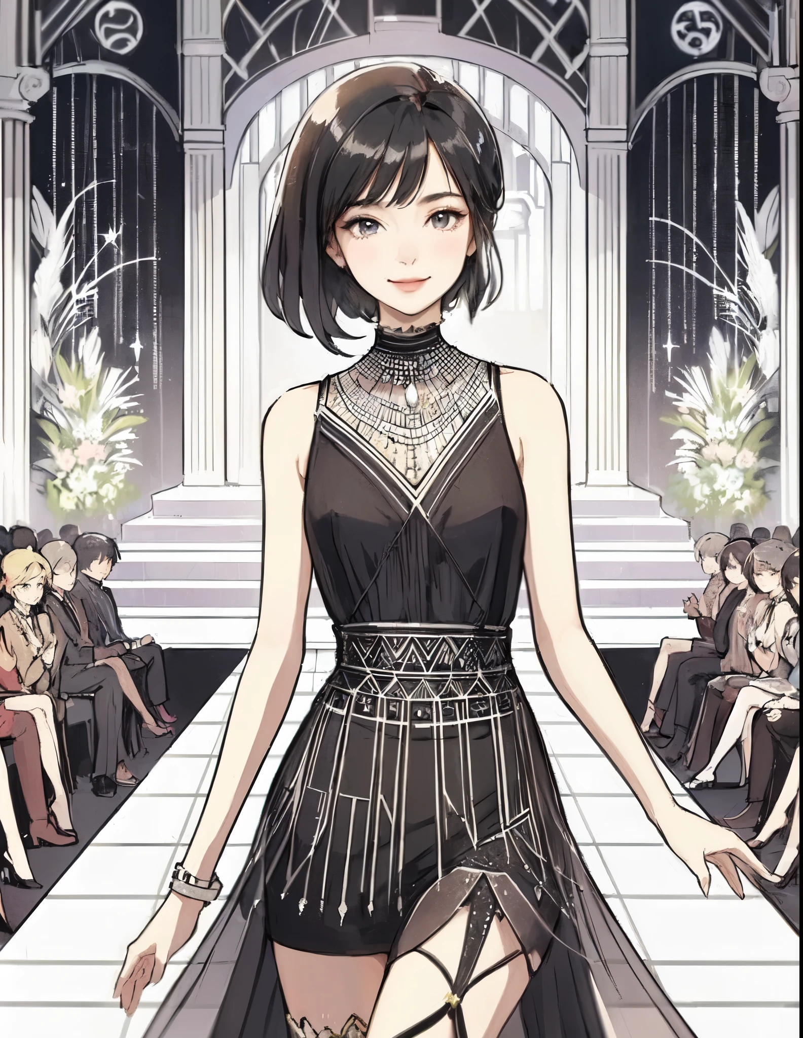 1lady (striding across central stage), model, (chic black dress) stylish outfit, mature female, /(black hair/) bangs, elegantly smile, (masterpiece best quality:1.2) delicate illustration ultra-detailed, medium breasts BREAK (Art Deco style dress:1.2) (geometric pattern:1.2), simple, minimal decoration BREAK (fashion show:1.2) (bustling venue indoors), (Art Deco style:1.2), audience, detailed background