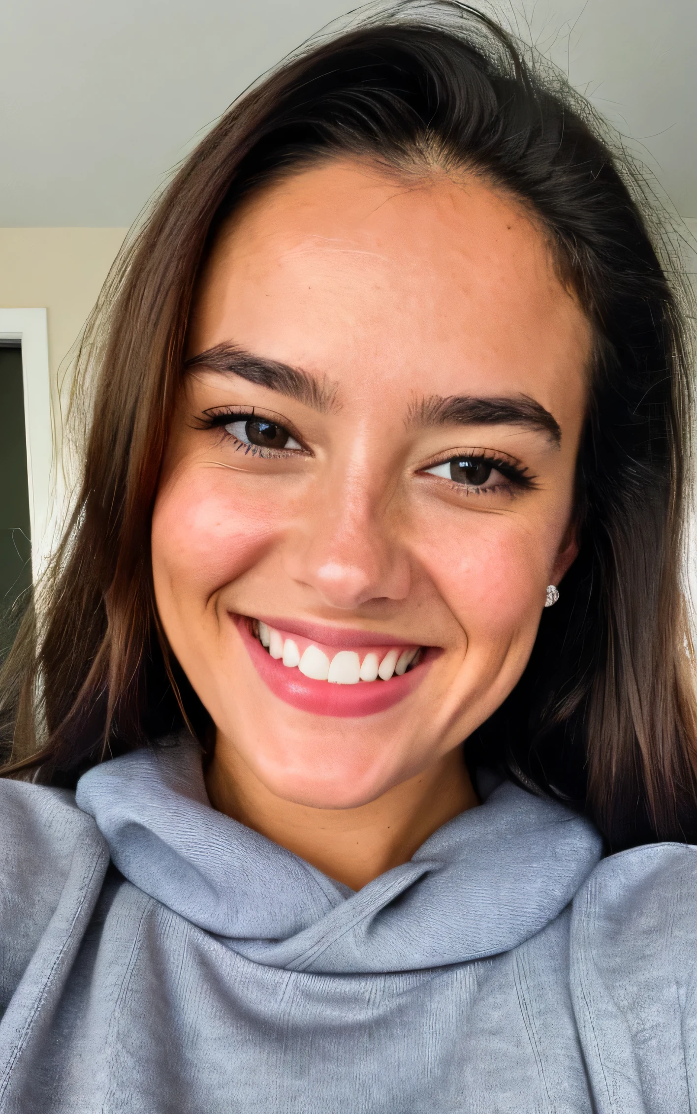 photograph, photo of beautiful woman, selfie, upper body, solo, wearing pullover, smiling, sweater, looking at viewer, skin texture, photo grain, close up, RAW photo