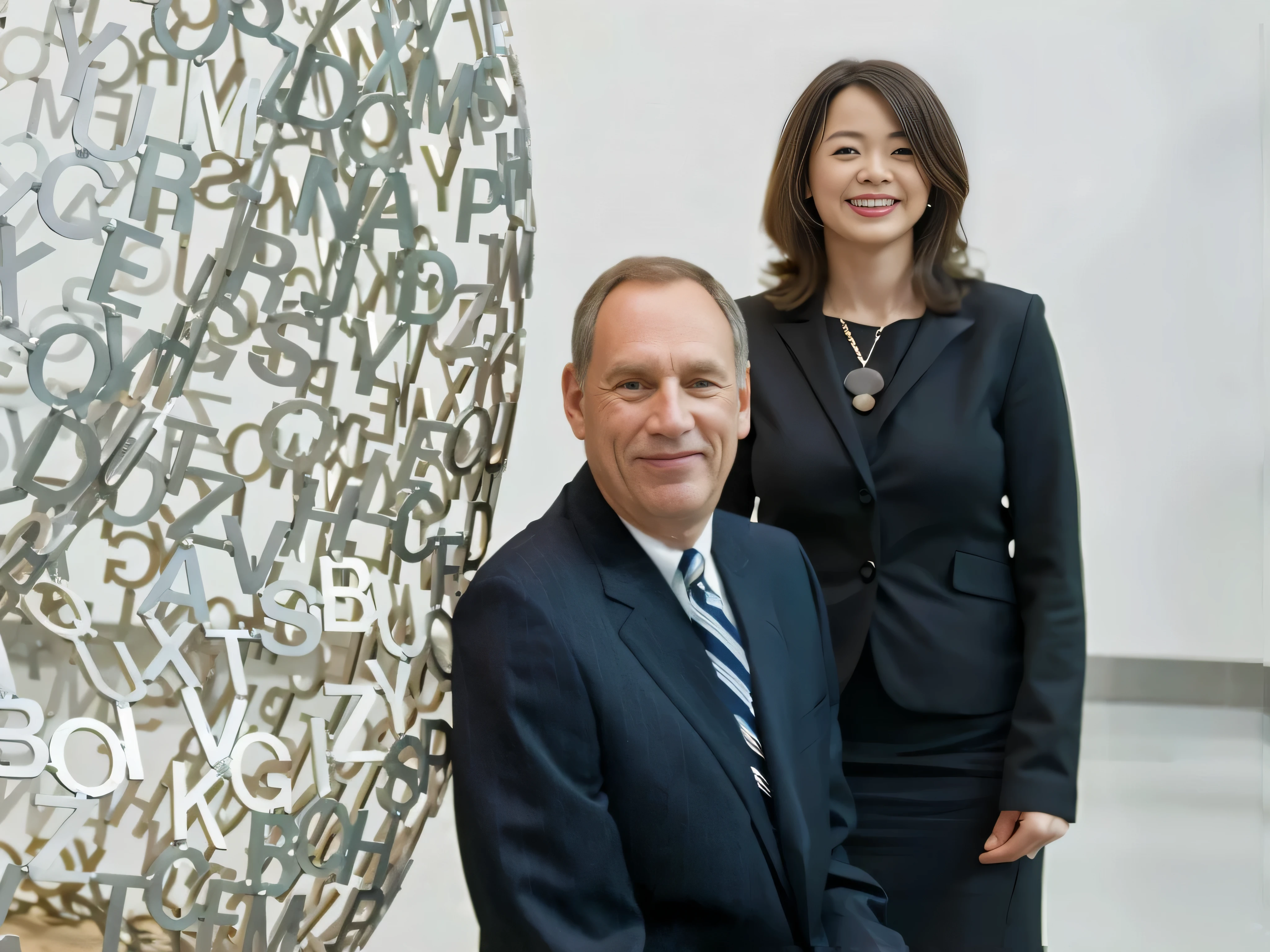 Two people stand next to a giant alphabet sculpture, Roy Lichtenstein and Jackie Tsai, Chris Rahn and Jung Park Art, james jean and fenghua zhong, Michael, portrait shot, Saki Michonne and Frank Franzetta, portrait, Ami Kojima and Greg Rutkoski, Fiona Staples and Kinu Nishimura
