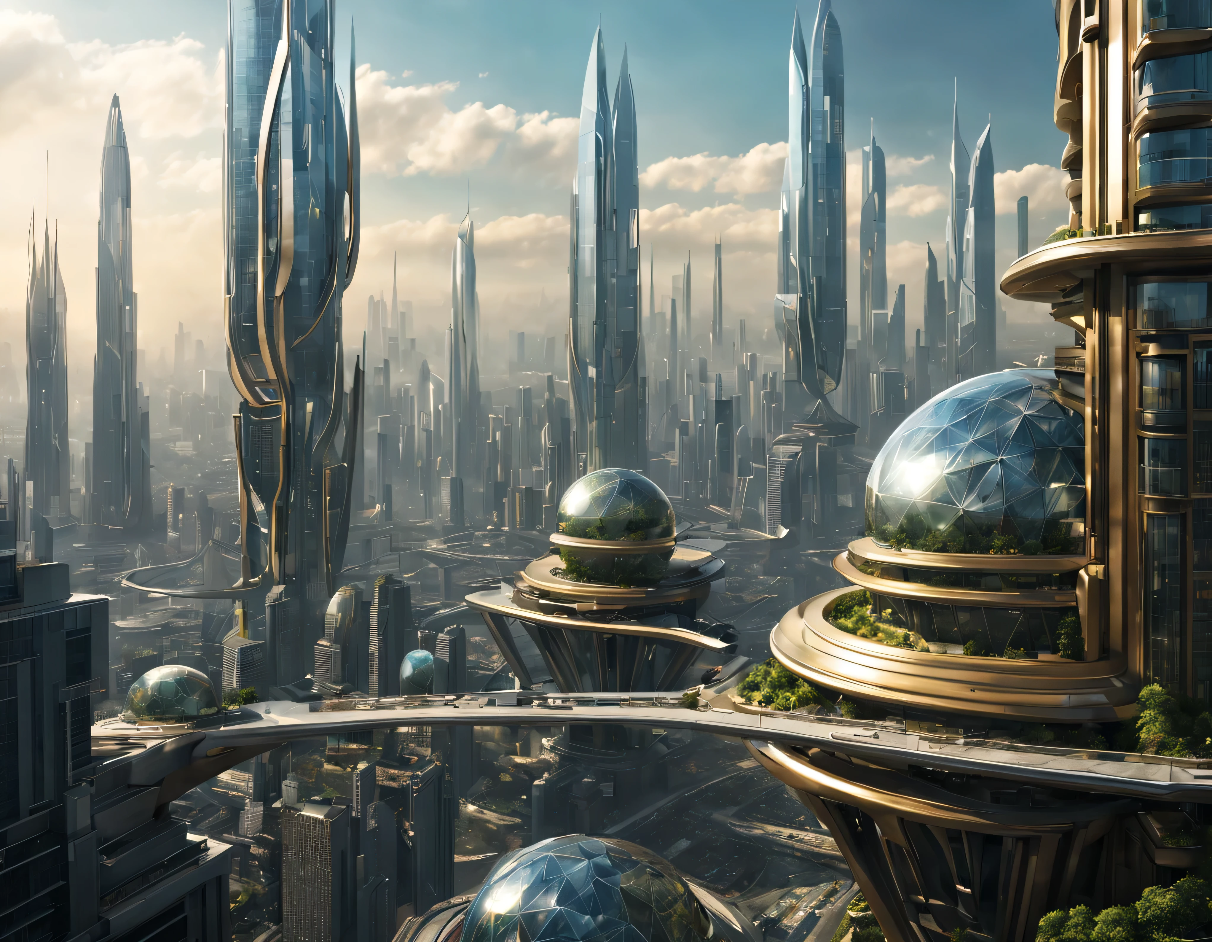 the city of megacity futuristic science fiction city as it would be in the year 3029, vista desde una terraza , with high-tech design , edificios de metal y cristal, autopistas cruzandolos, de una inmensidad impresionante, con el empleo de oro , plata y bronce en su construccion, realmente impresionante a la vista, imagen bien definida, fondo nitido bien defifido, con muchos edificios juntos. imagen nitida bien definida 8k. los edificios llegan alta el fondo.,8k. imagen cinematografica, renderizado 3d, ((obra maestra de superior calidad)).