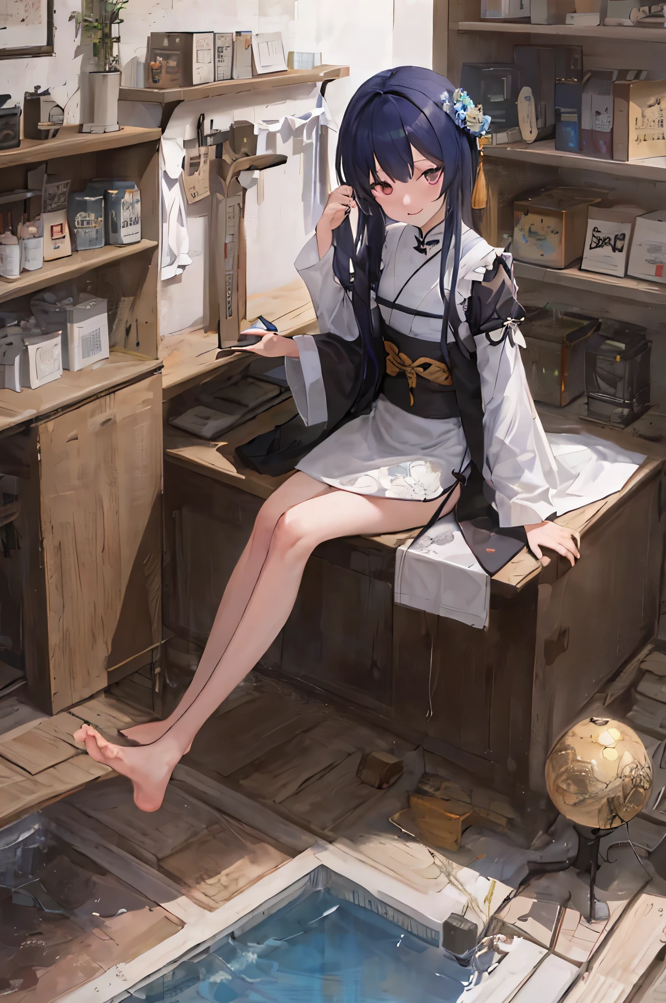 ((4K,masterpiece,highest quality)), Shuimobisim, traditional chinese ink painting, lotus, Hanfu, maxi kit, Modestly dressed 1 girl, alone, blue long hair, smile, Are standing, feet in the water, barefoot,