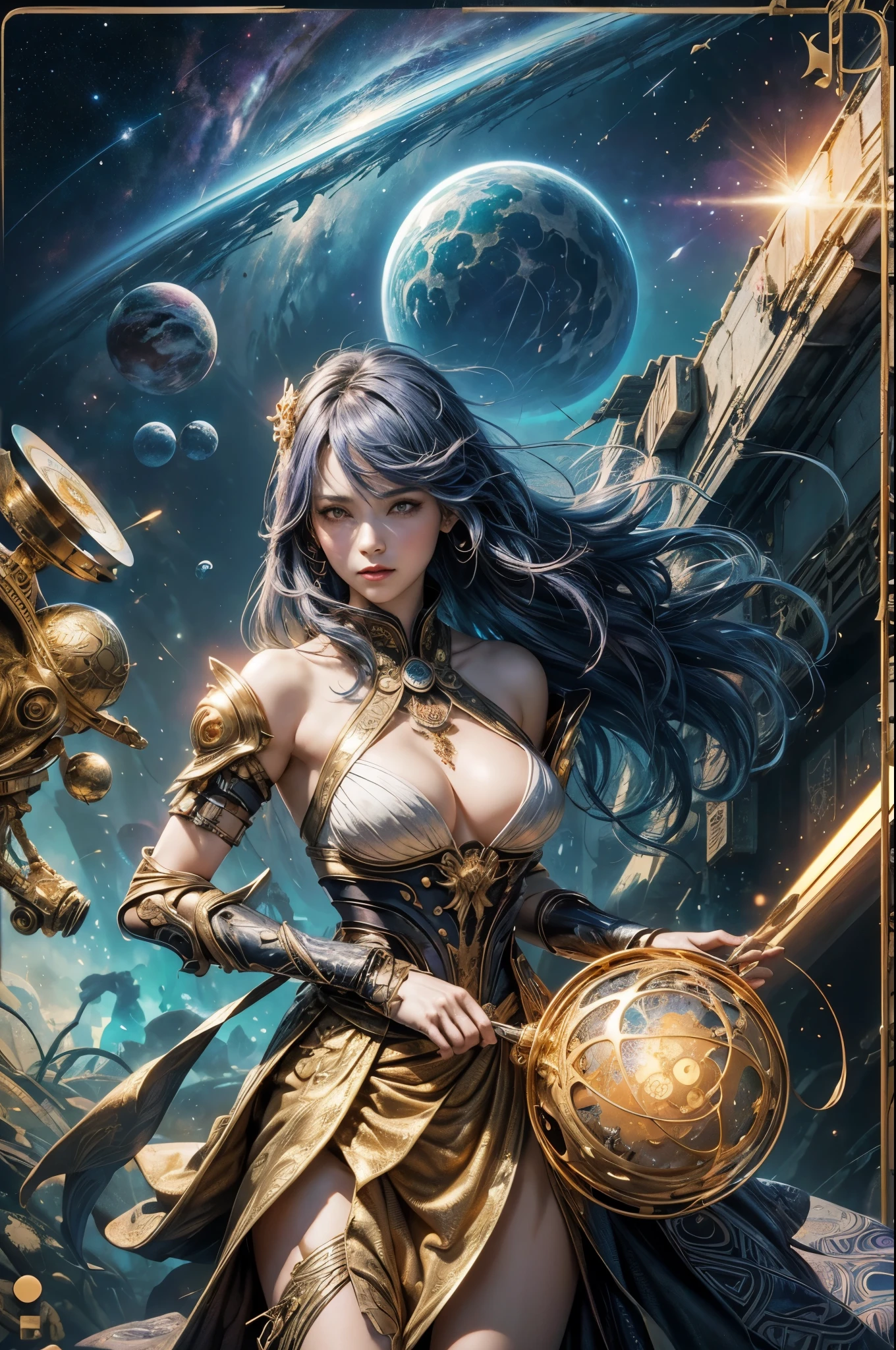 tarot cards,完整的tarot cards边框,(图像被tarot cards式边框包围:1.8), 1 giant,up,8k wallpaper,good quality eyes,right eye,right hand, Super detailed, Beautiful and beautiful, masterpiece, best quality, (fractal art: 1.3), dynamic angle,Mizore,stand,In ruins,Science fiction,Space warriors, denim lenses, The most beautiful form of chaos, brutalist design, Bright colors, , cyberpunk style,(background with:Large expanses of nebulae, Gaseous planet,Event horizon,infrared,binoculars,moons),Retro Style,(Zentangle,mandala,tangled,entangled), (fractal art: 1.3),Divine light,gold foil,gold foil艺术,Flash drawing,完整的tarot cards边框,(full bezel 1.5)