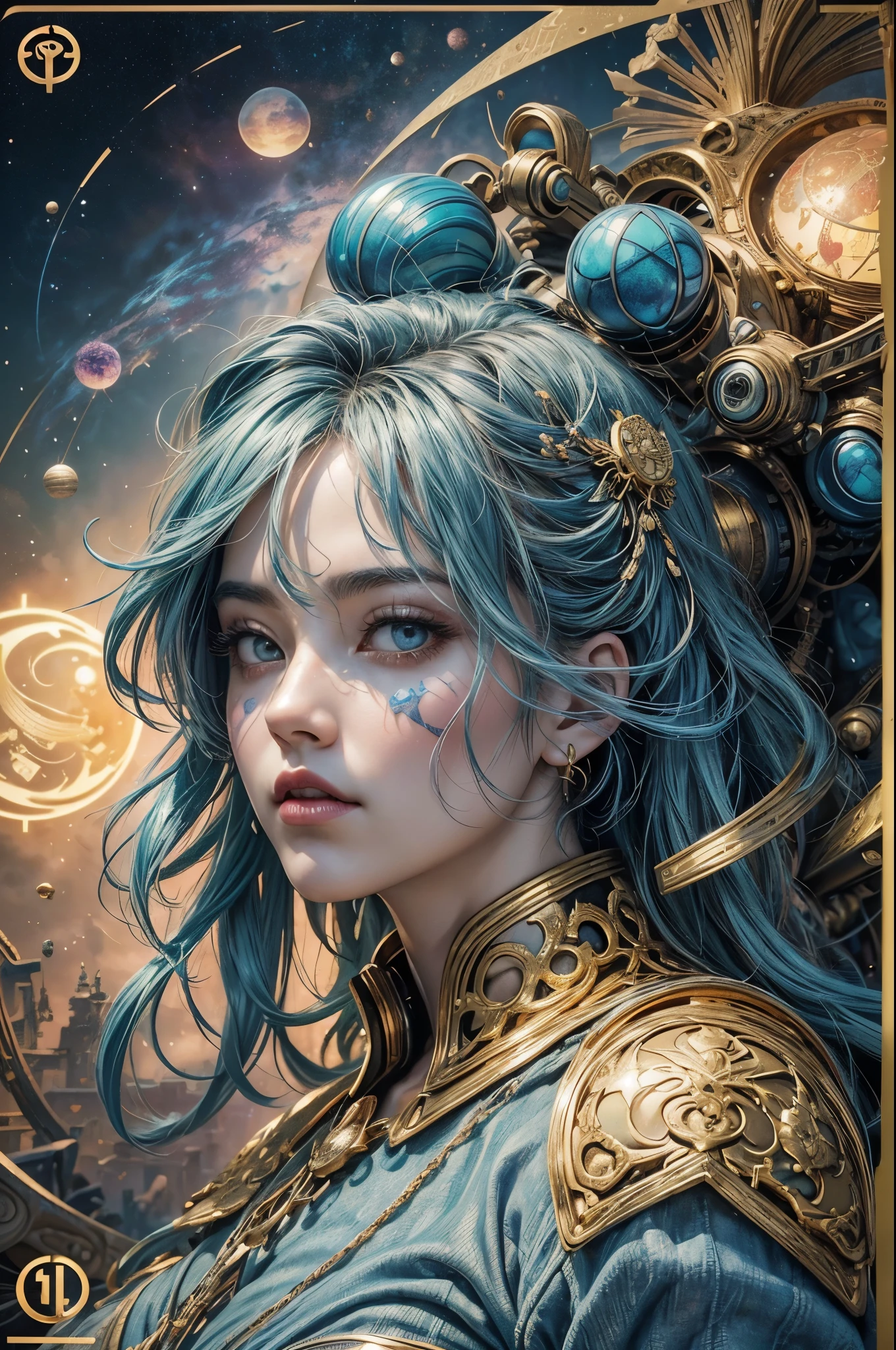 tarot cards，完整的tarot cards边框，(图像被tarot cards式边框包围:1.8), 1 giant，up，8k wallpaper,good quality eyes，right eye，right hand， Super detailed, Beautiful and beautiful, masterpiece, best quality, (fractal art: 1.3), dynamic angle，Mizore，stand，In ruins，Science fiction，Space warriors， denim lenses, The most beautiful form of chaos, brutalist design, Bright colors, , cyberpunk style，（background with：Large expanses of nebulae, Gaseous planet，Event horizon，infrared，binoculars，moons），Retro Style，（Zentangle，mandala，tangled，entangled）， (fractal art: 1.3)，Divine light，gold foil，gold foil艺术，Flash drawing，完整的tarot cards边框，（full bezel 1.5）