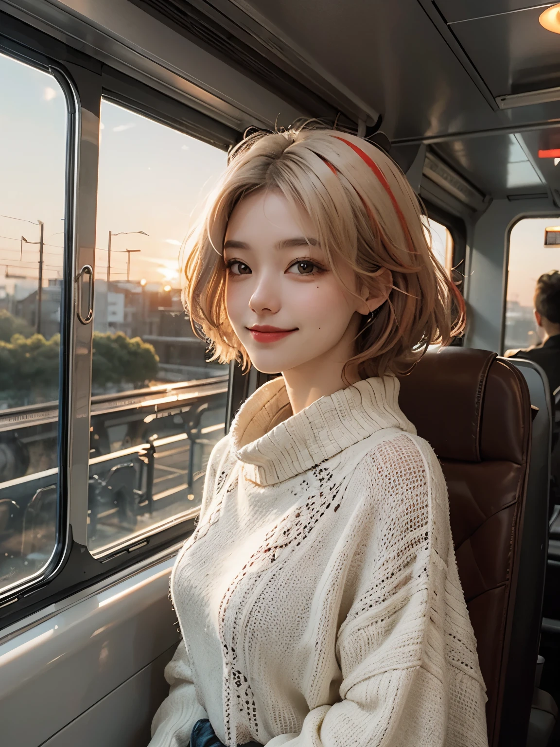 Train, sunset,cream sweater, shawl, window, shoulders, smiling, short hairs, ((white hairs with red highlights))