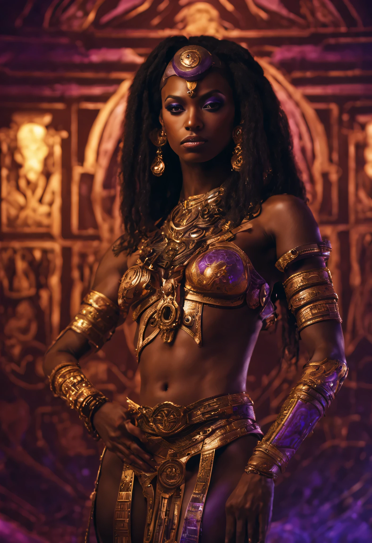 photorealistic, Kodak Gold 400MM film exotic dark-skinned Female Sexy Egypt God, Purple glowing eyes, Biomechanical, eerie, Creepy, nightmarish, Very bright colors, Light particles, with light glowing from hands, wearing a golden waist bracelet, she has firm small upright breast, full body nude, thick athletic body, Teardrop pubic hair trim Mshiff, wallpaper art, full body details, Armor full body, smoke, UHD wallpaper 