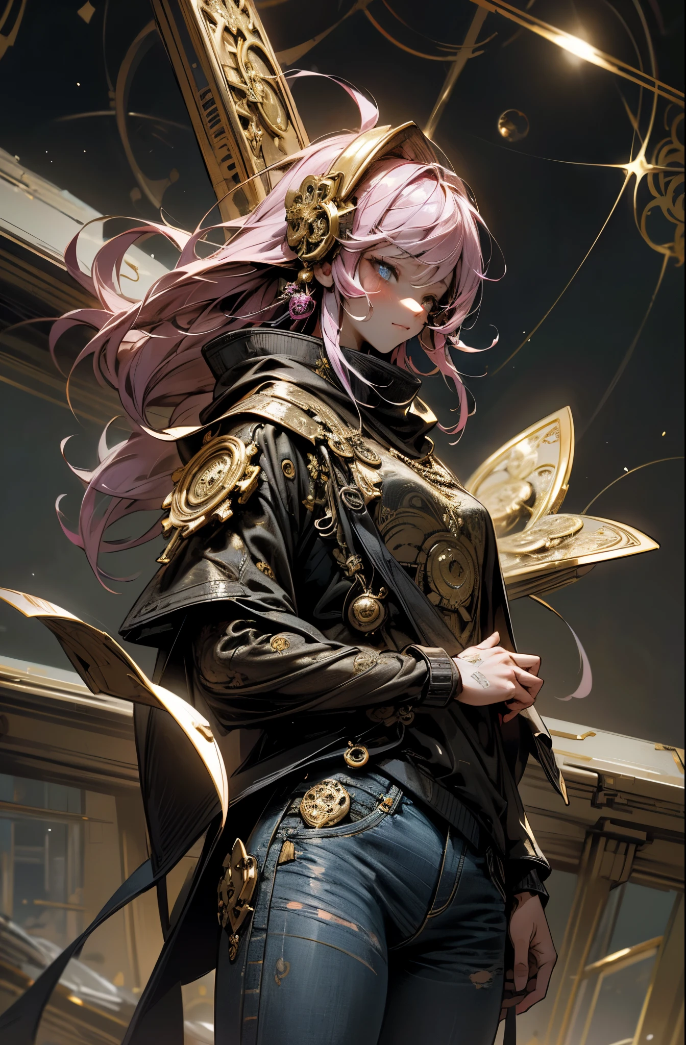 8k wallpaper，good quality eyes，right eye，right hand， Super detailed, Beautiful and beautiful, masterpiece, best quality, (fractal art: 1.3), dynamic angle，Mizore，stand，In ruins，Science fiction，Space warriors， denim lenses, The most beautiful form of chaos, brutalist design, Bright colors, , cyberpunk style，（background with：Large expanses of nebulae, Gaseous planet，event horizon），Retro Style，（Zentangle，mandala，tangled，entangled）， (fractal art: 1.3)，Divine light，gold foil，gold foil艺术，Flash drawing，