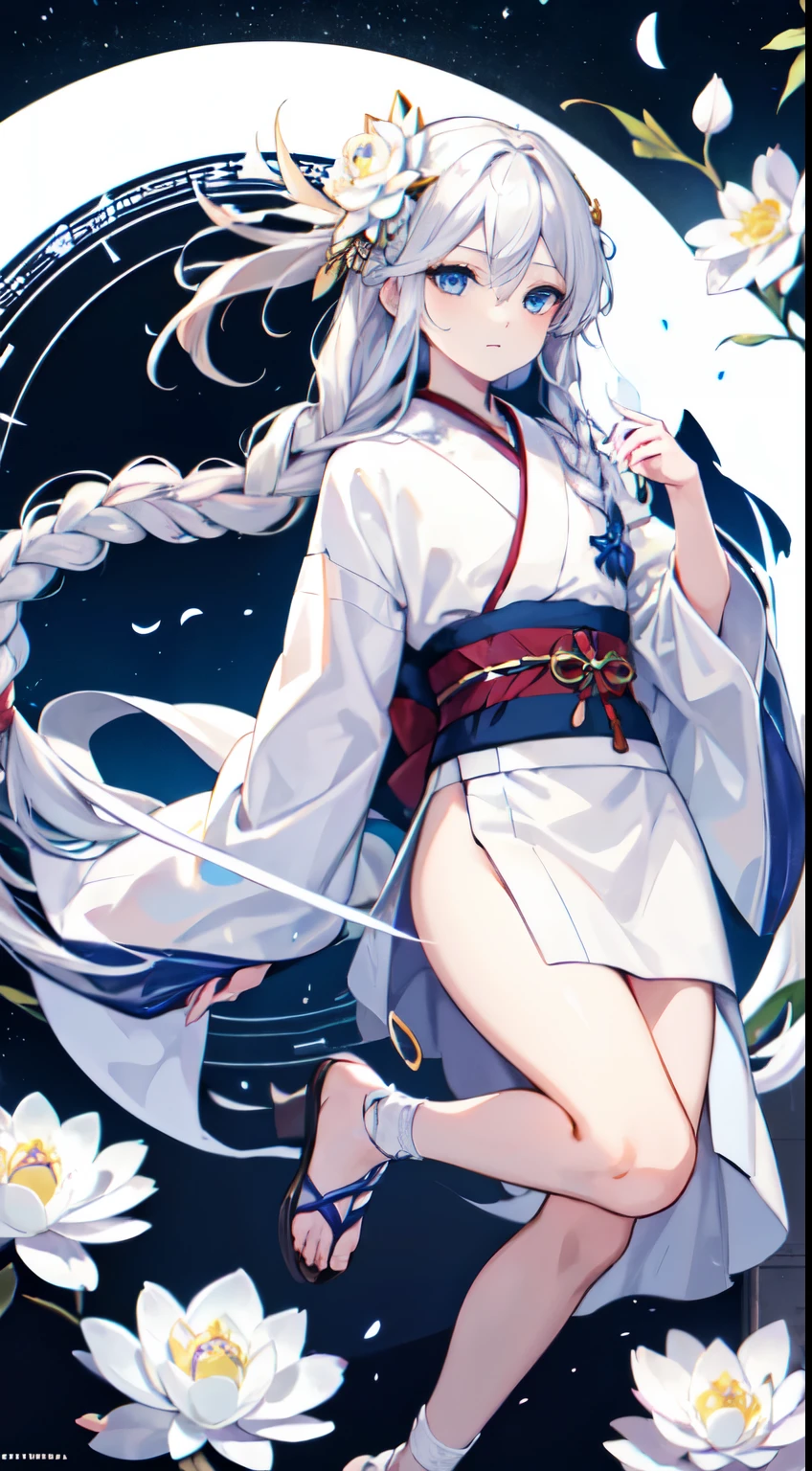 Beautiful snow woman girl, Long silver hair, His shoulders are bare., black eye, White and blue kimono, Thin legs