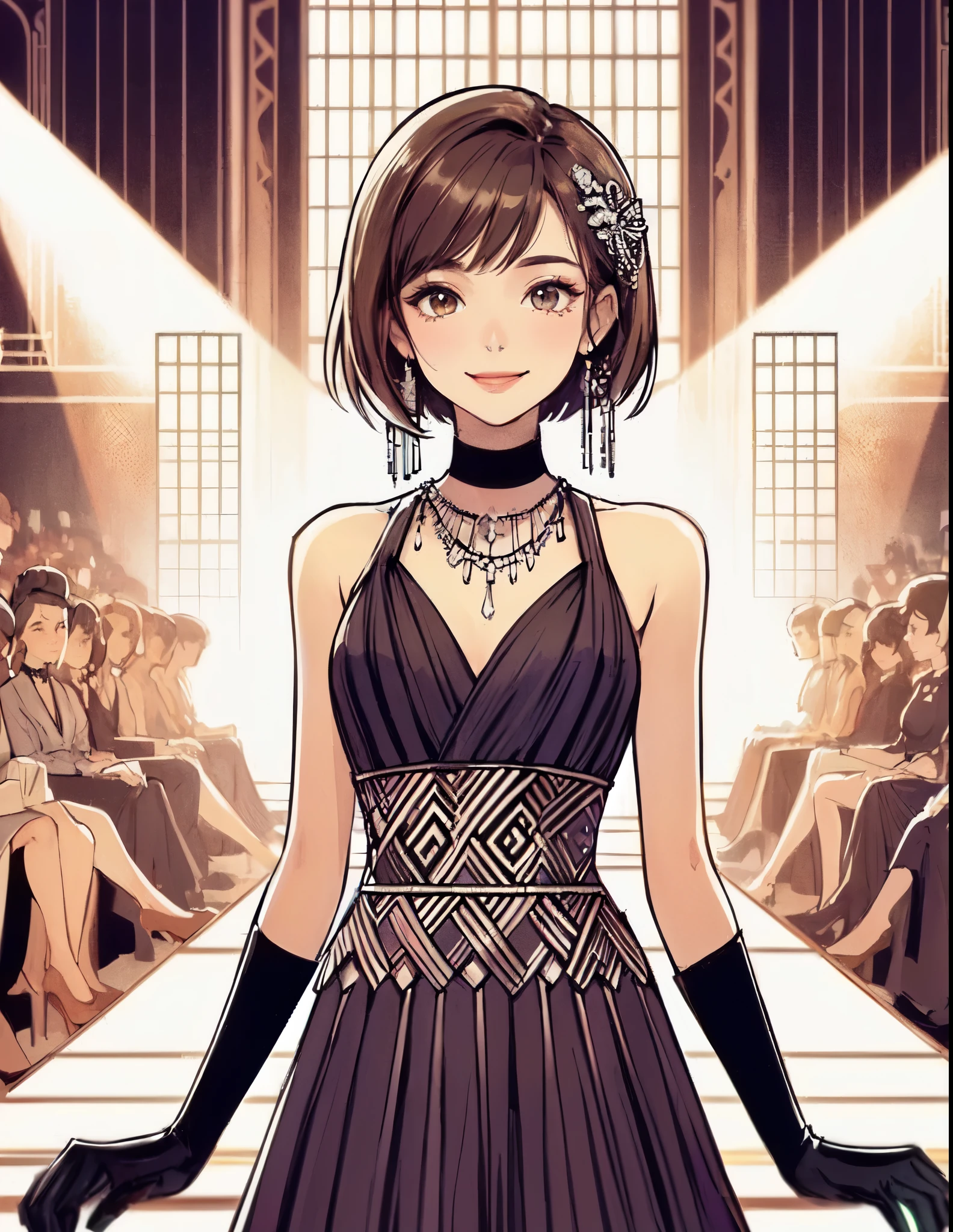 1lady (striding across central stage), model, (chic black dress) stylish outfit, mature female, /(dark brown hair/) bangs, elegantly smile, (masterpiece best quality:1.2) delicate illustration ultra-detailed, medium breasts BREAK (Art Deco style dress:1.2) (geometric pattern:1.2), simple, minimal decoration BREAK (fashion show:1.2) (bustling venue indoors), (Art Deco style:1.2), spotlight, audience, detailed background