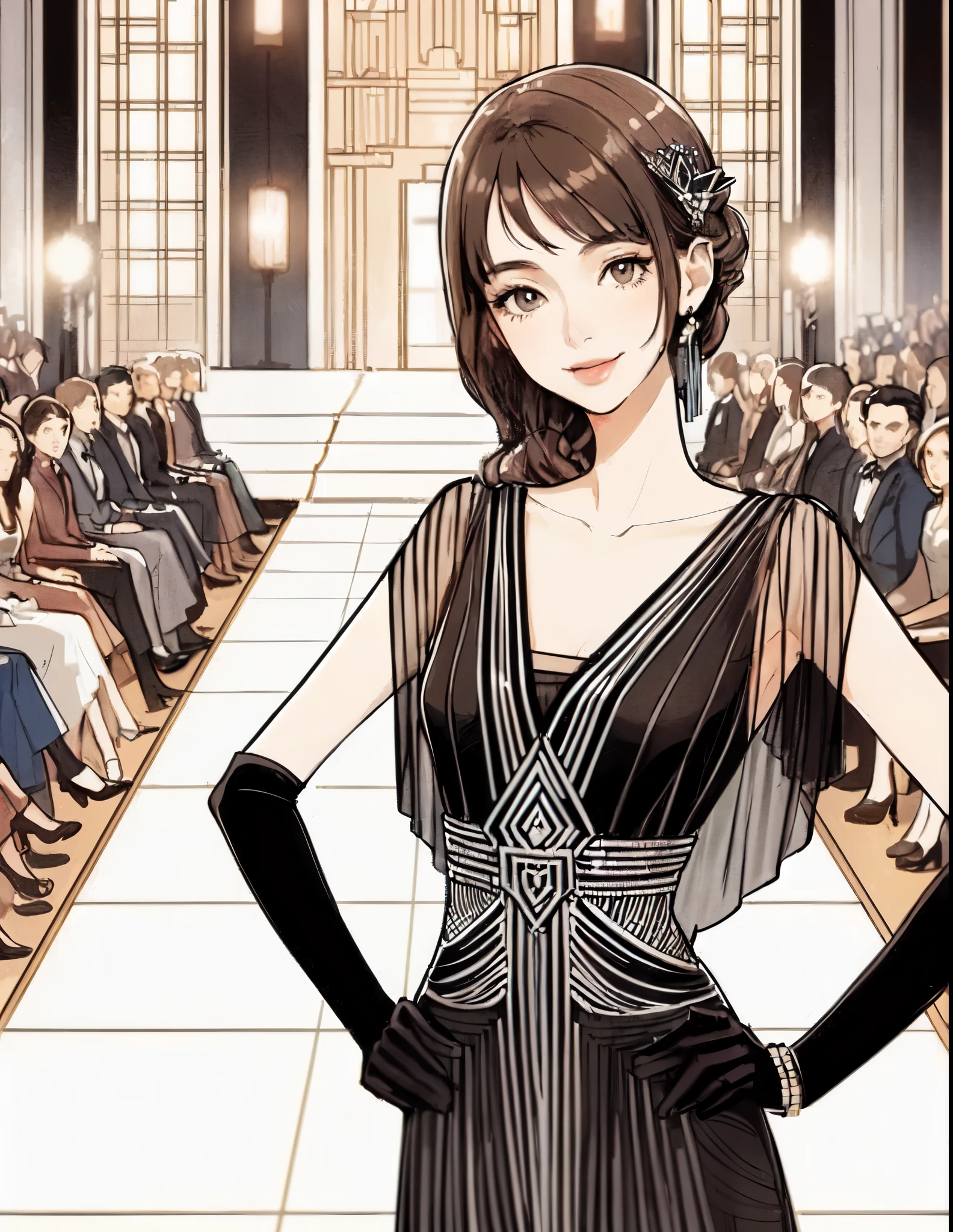 1lady solo, (contrapposto:1.2) on central stage, model, (chic dress) stylish outfit, mature female, /(black hair/) bangs, elegantly smile, (masterpiece best quality:1.2) delicate illustration ultra-detailed, medium breasts BREAK (Art Deco style dress:1.2) (geometric pattern:1.2), simple, minimal decoration BREAK (fashion show:1.2) (bustling venue indoors), (Art Deco style:1.2), spotlight, audience, detailed background