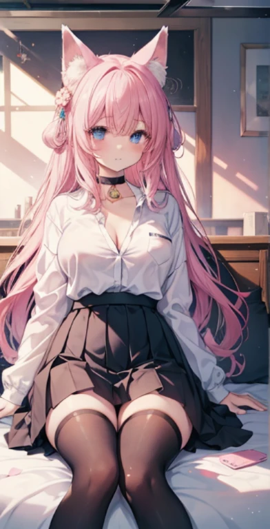 high quality, masterpiece, super detailed, school uniform, very short skirt, unbuttoned shirt, black stockings, pink panties, choker, Headboard, 1 girl, alone, Peaceful look, pink long hair, charming blue eyes, fox ears, , big breasts, School、Koyori Hiroi、Konkoyo〜、Udon is a drink、horrocks brain