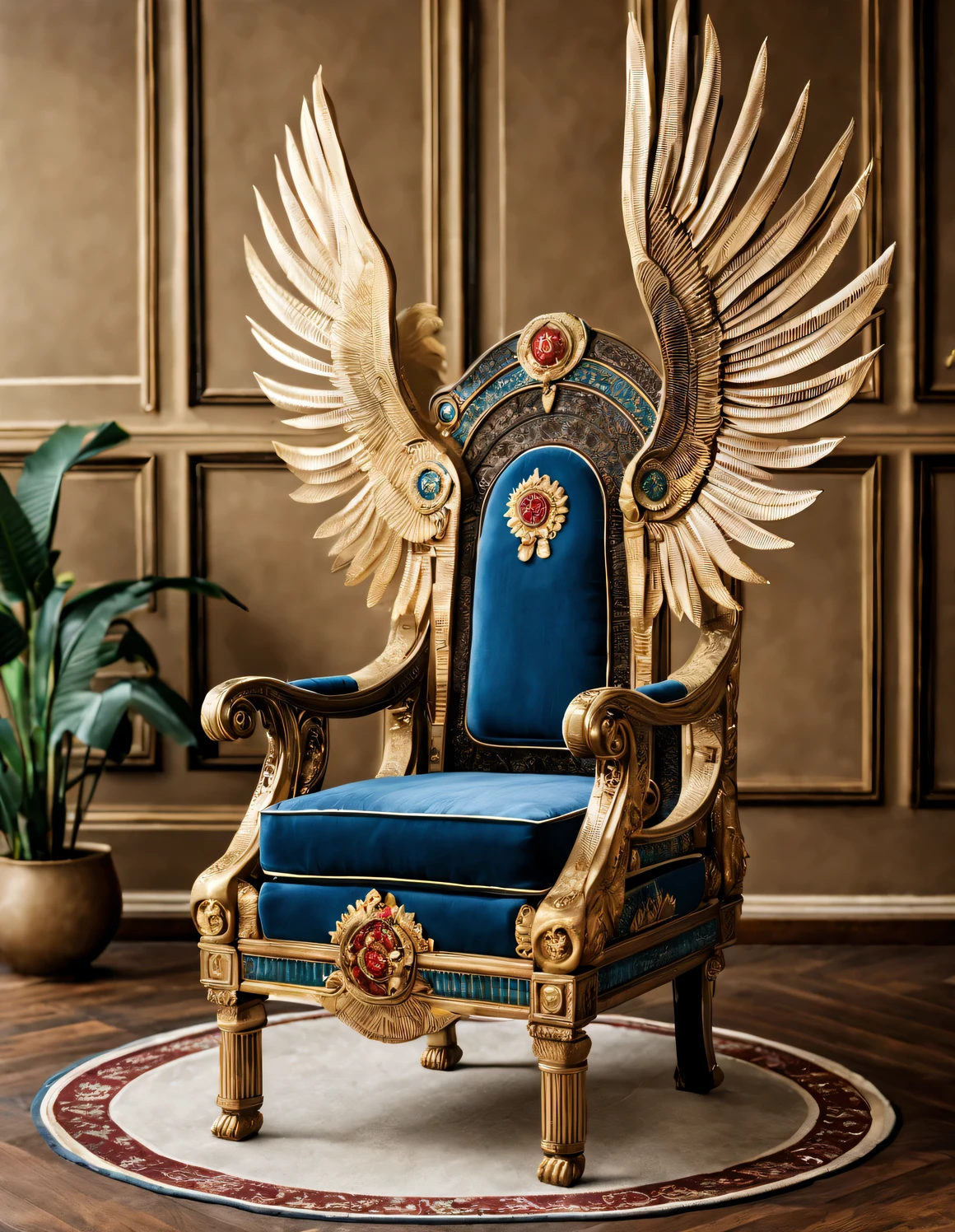 ultra high definition, masterpiece, Accurate, Super details, high detail, high quality, Award-winning, best quality, Level, 16k, background: simple golden halo,
an art deco, (Close-up of the front of the chair), (Ancient Egyptian style),
The color of the chair is dark red, Bright blue, Black, blue green, orange, white, Brown, light Brown
On the chair, There are pyramids, the sphinx, lotus, papyrus flower, Palm leaves, and a vulture-like chair with outstretched wings encrusted with rubies., emeralds, lapis lazuli, Black mussels, exit, pearl, stained glass, and feathers,
It has very rich decorative techniques, Solemn and gorgeous appearance, Simple and clear, With strong religious and mysterious color, Highlight the luxurious and strong visual aesthetics,