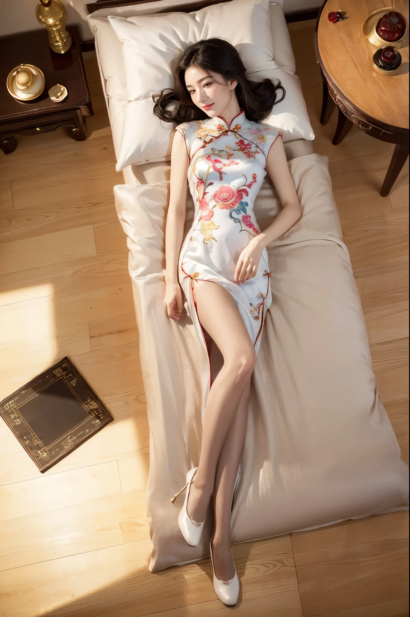 bedroom，big bed，There are paintings on the walls，curtain，((full body)),abed,2 girls,((side by side)),((1 girl Lie back)),((the other girl Lie prostrate)),bun,Shy smile,The hemp rope is wrapped around the neck and tightened,Short cheongsam，((huge boobs:1.2)),arms were tied behind the back with hemp rope，Cross hands behind back，Wrists tied together with hemp rope，Thin waist，