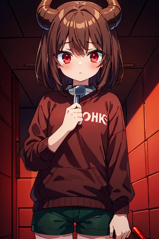 About 9 ~ 16 year old girl，red eyes，brown hair，white skin，Wear a green sweater，brown shorts，There is a blush，Two-dimensional style，fear，Black liquid oozes from eyes，crazy，bloodthirsty，Holding a blood red knife in his hand，demon