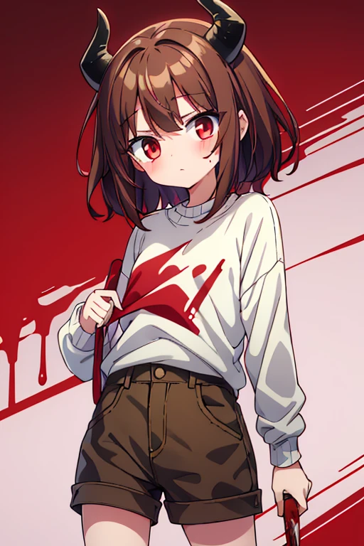 About 9 ~ girl,red eyes,brown hair,white skin,Wear a green sweater,brown shorts,There is a blush,Two-dimensional style,fear,Black liquid oozes from eyes,crazy,bloodthirsty,Holding a blood red knife in his hand,demon