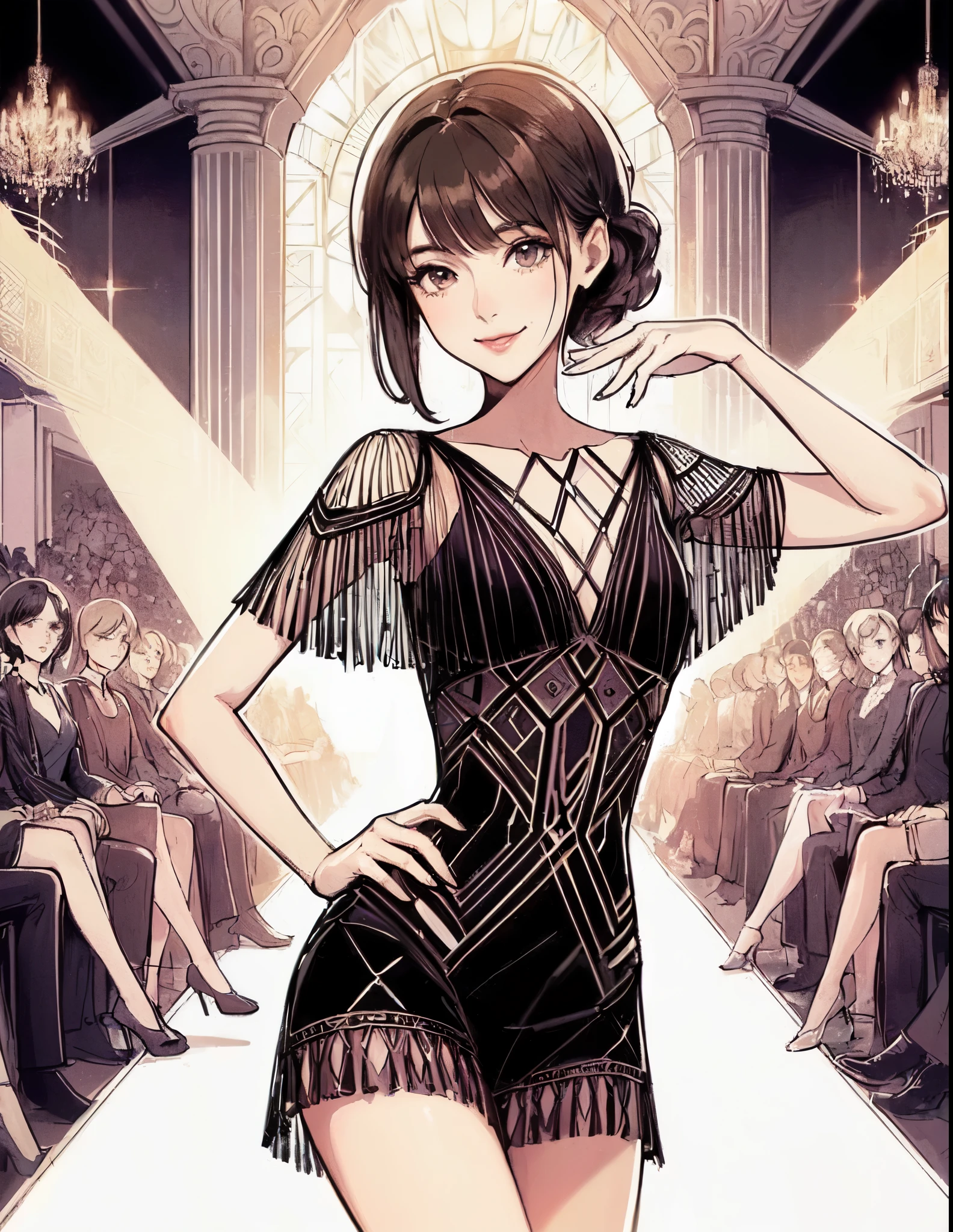 1lady solo, (contrapposto:1.2) on central stage, model, (chic dress) stylish outfit, mature female, /(black hair/) bangs, elegantly smile, (masterpiece best quality:1.2) delicate illustration ultra-detailed, medium breasts BREAK (Art Deco style dress:1.2) (geometric pattern:1.2), simple, minimal decoration BREAK (fashion show:1.2) (bustling venue indoors), (Art Deco style:1.2), spotlight, audience, detailed background