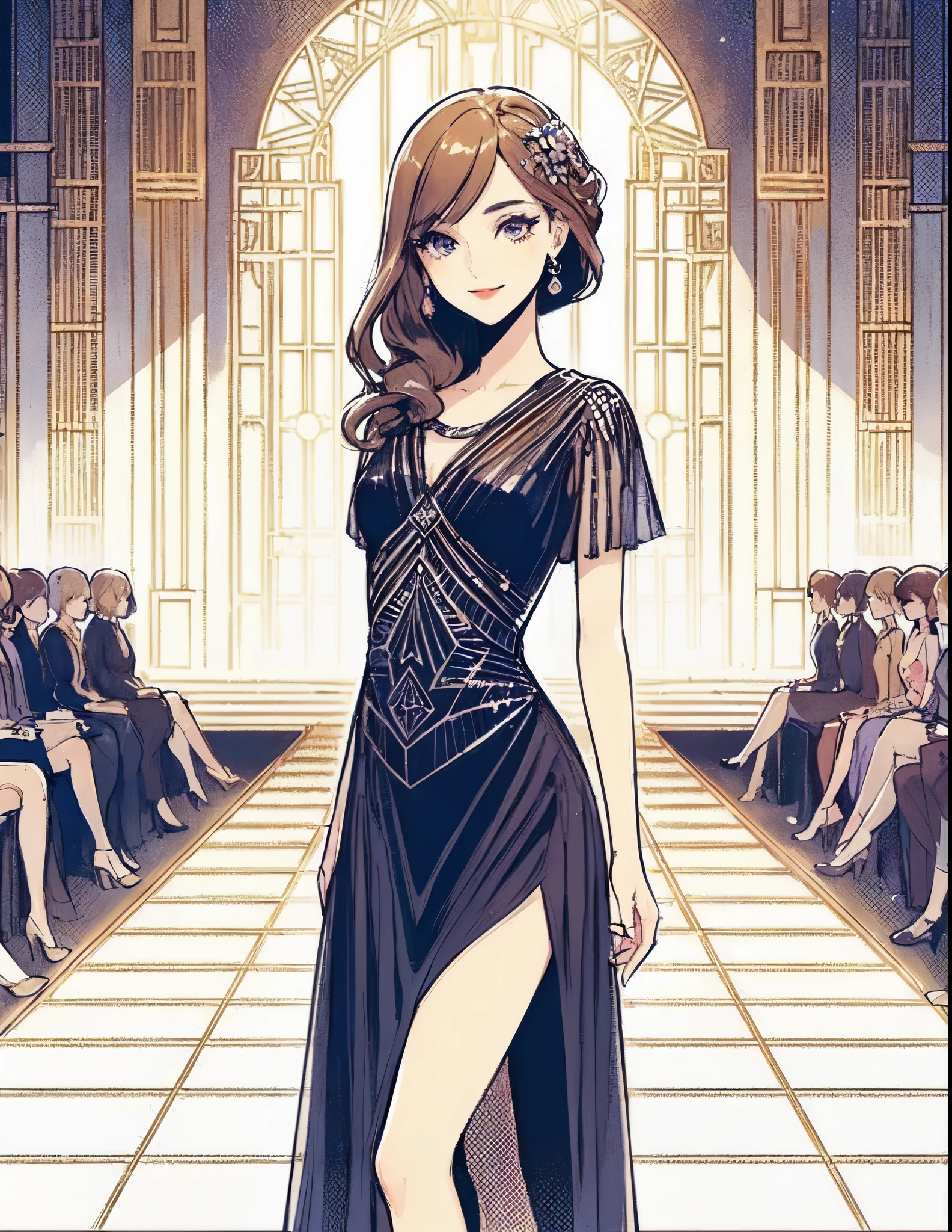 1lady solo, (contrapposto:1.2) on central stage, model, (chic navy dress) stylish outfit, mature female, /(light brown hair/) bangs, elegantly smile, (masterpiece best quality:1.2) delicate illustration ultra-detailed, medium breasts BREAK (Art Deco style dress:1.2) (geometric pattern:1.2), simple, minimal decoration BREAK (fashion show:1.2) (bustling venue indoors), (Art Deco style:1.2), spotlight, audience, detailed background
