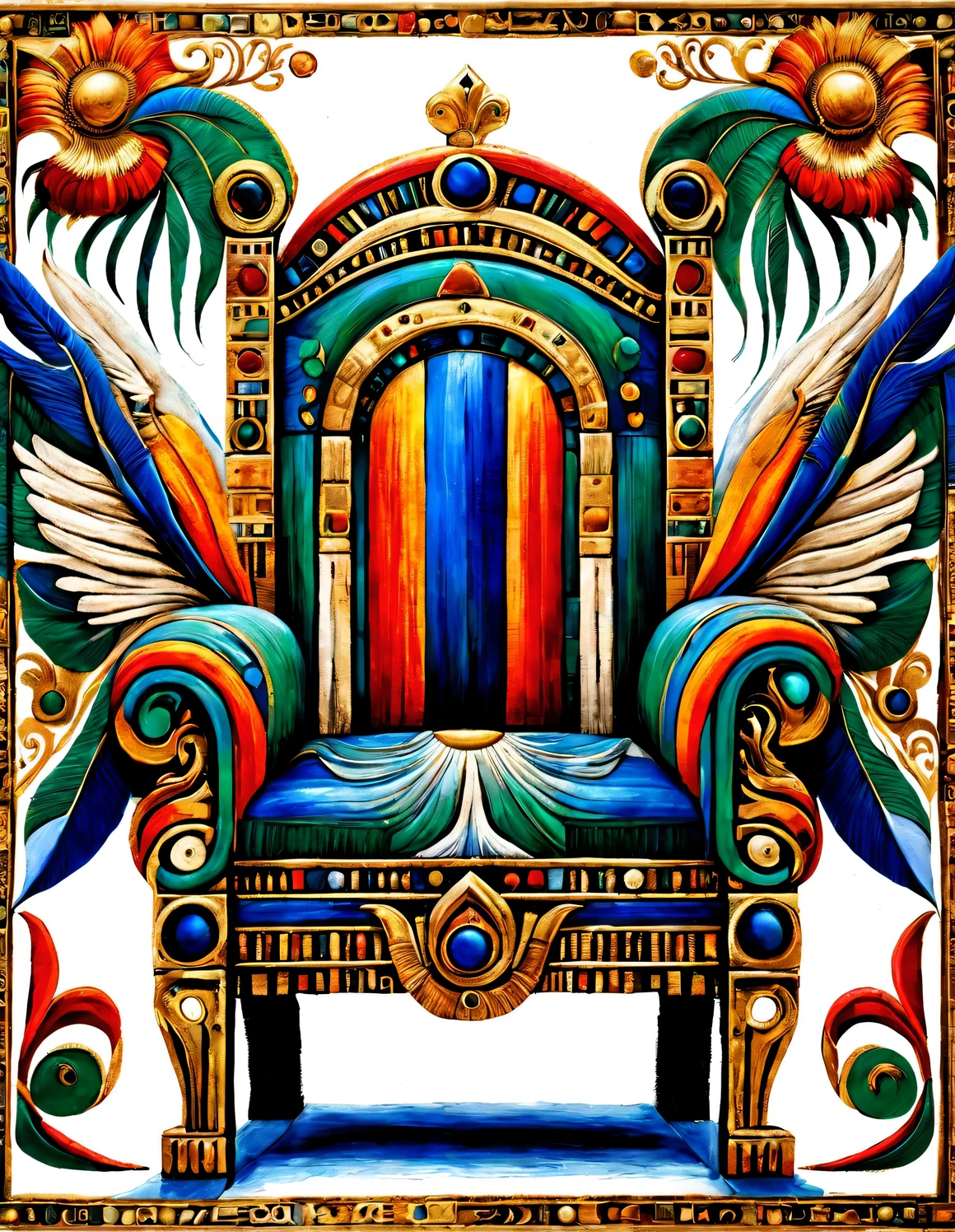 ultra high definition, masterpiece, Accurate, Super details, high detail, high quality, Award-winning, best quality, Level, 16k, background: simple golden halo,
an art deco, (Close-up of the front of the chair), (Ancient Egyptian style),
The color of the chair is dark red, Bright blue, Black, blue green, orange, white, Brown, light Brown
On the chair, There are pyramids, the sphinx, lotus, papyrus flower, Palm leaves, and a vulture-like chair with outstretched wings encrusted with rubies., emeralds, lapis lazuli, Black mussels, exit, pearl, stained glass, and feathers,
It has very rich decorative techniques, Solemn and gorgeous appearance, Simple and clear, With strong religious and mysterious color, Highlight the luxurious and strong visual aesthetics,