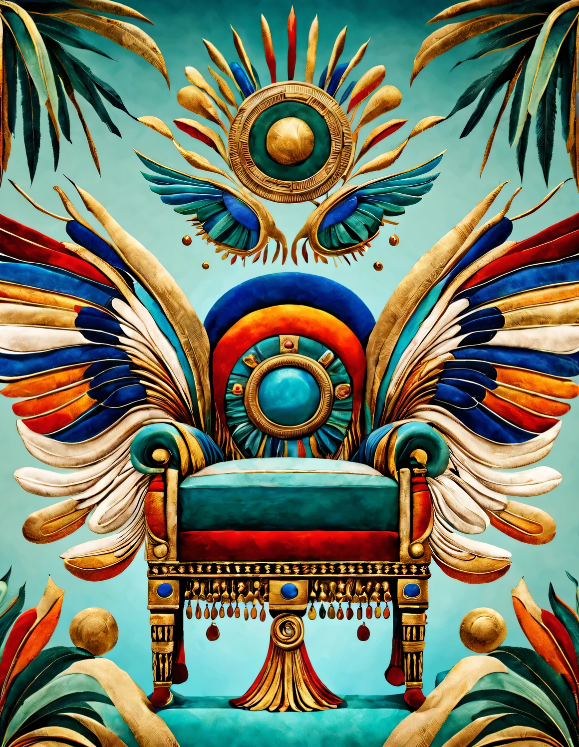 ultra high definition, masterpiece, Accurate, Super details, high detail, high quality, Award-winning, best quality, Level, 16k, background: simple golden halo,
an art deco, (Close-up of the front of the chair), (Ancient Egyptian style),
The color of the chair is dark red, Bright blue, Black, blue green, orange, white, Brown, light Brown
On the chair, There are pyramids, the sphinx, lotus, papyrus flower, Palm leaves, and a vulture-like chair with outstretched wings encrusted with rubies., emeralds, lapis lazuli, Black mussels, exit, pearl, stained glass, and feathers,
It has very rich decorative techniques, Solemn and gorgeous appearance, Simple and clear, With strong religious and mysterious color, Highlight the luxurious and strong visual aesthetics,