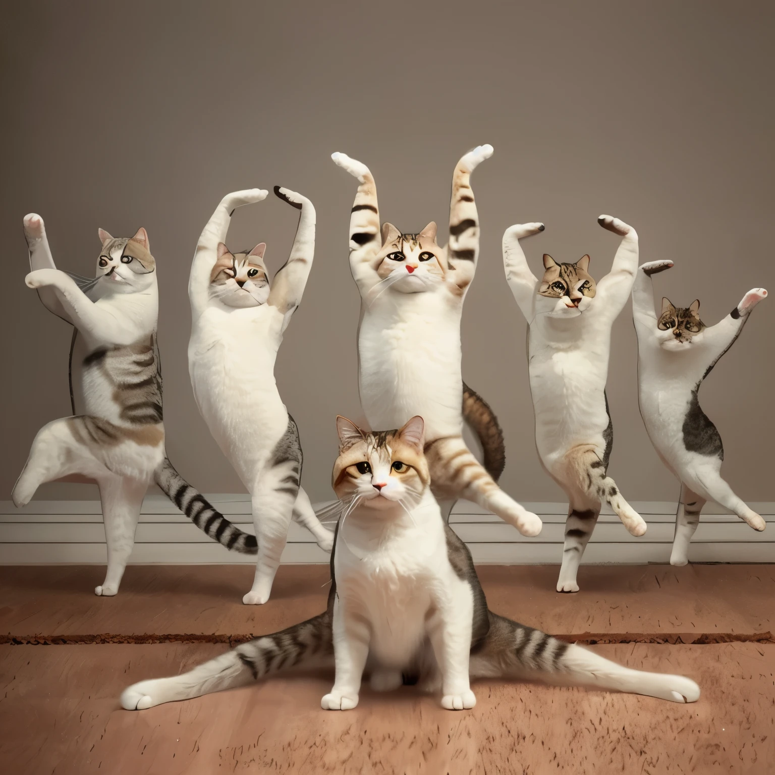 Realistic cat gymnastics、dynamic movement, personification, Very realistic cat, ((The background is a simple white background))