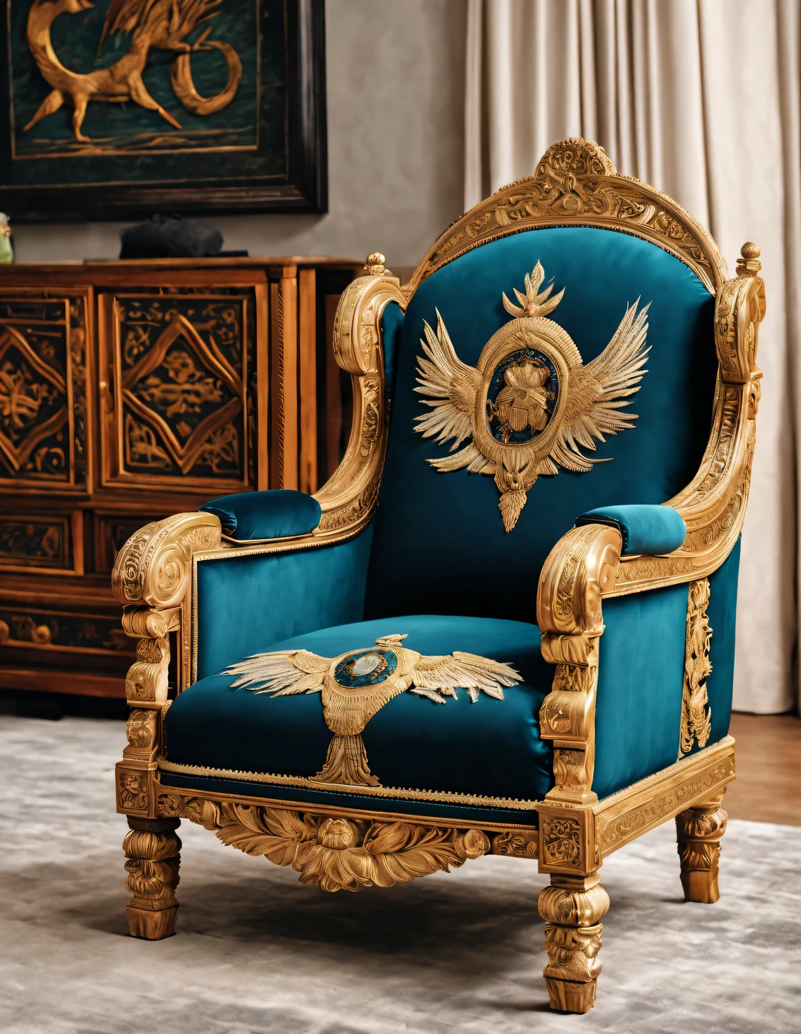 ultra high definition, masterpiece, Accurate, Super details, high detail, high quality, Award-winning, best quality, Level, 16k, background: simple golden halo,
an art deco (Close-up of the front of the chair), Style from ancient Egypt,
The color of the chair is dark red, Bright blue, Black, blue green, orange, white, Brown, and light Brown
On the chair, There are pyramids, the sphinx, lotus, papyrus flower, Palm leaves, and a vulture with outstretched wings on a chair encrusted with gems, pearl, Glass, and feathers,
have outstanding、Luxurious visual beauty, Rich decorative techniques, The appearance of the manor is the most magnificent, concise, With strong religious and mysterious color, ultra high definition, masterpiece, and accuracy,
Ultra-detailed, high detail, high quality, Award-winning, best quality, Level, 16k,
