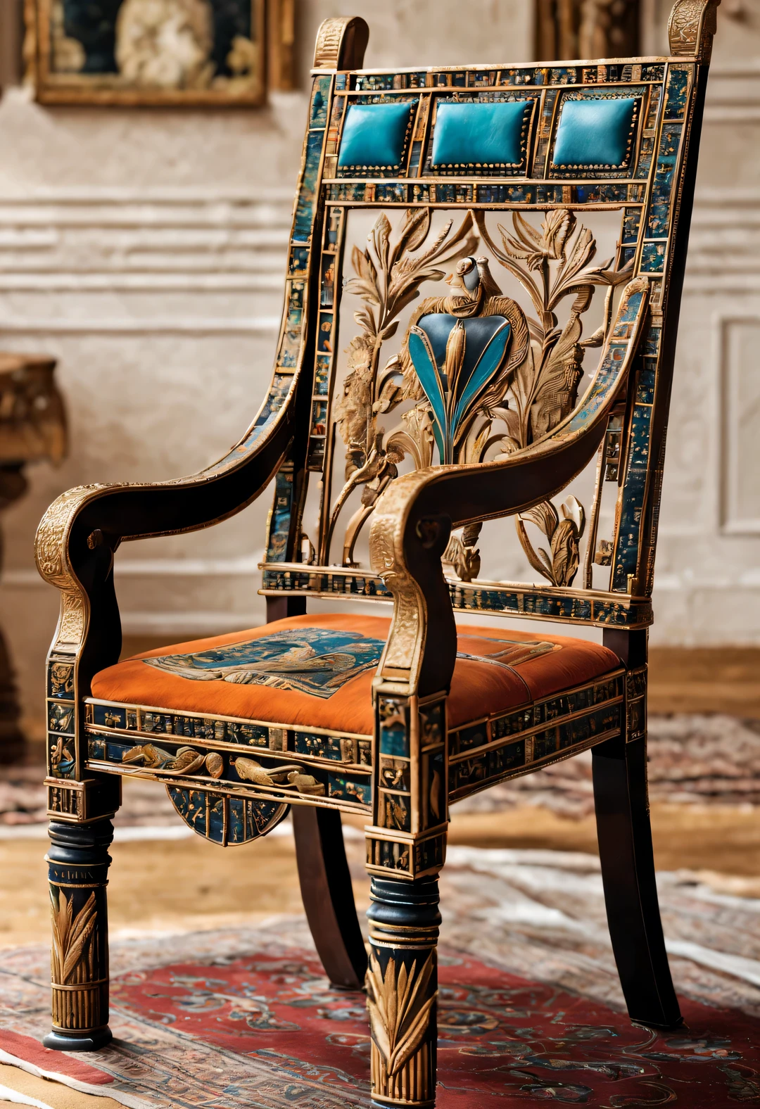 ultra high definition, masterpiece, precise, Super details, high detail, high quality, Award-winning, best quality, high resolution, 16k,
an art deco, (a chair), Style from ancient Egypt, The color of the chair is dark red, Bright blue, Black, blue green, orange, white, Brown, and light Brown On the chair, There are pyramids, the sphinx, lotus, papyrus flower, Palm leaves, and a vulture with outstretched wings on a chair encrusted with gems, pearl, Glass, and feathers, have outstanding、Luxurious visual beauty, Rich decorative techniques, And the most gorgeous and simple appearance, The manor has a strong religious and mysterious color,