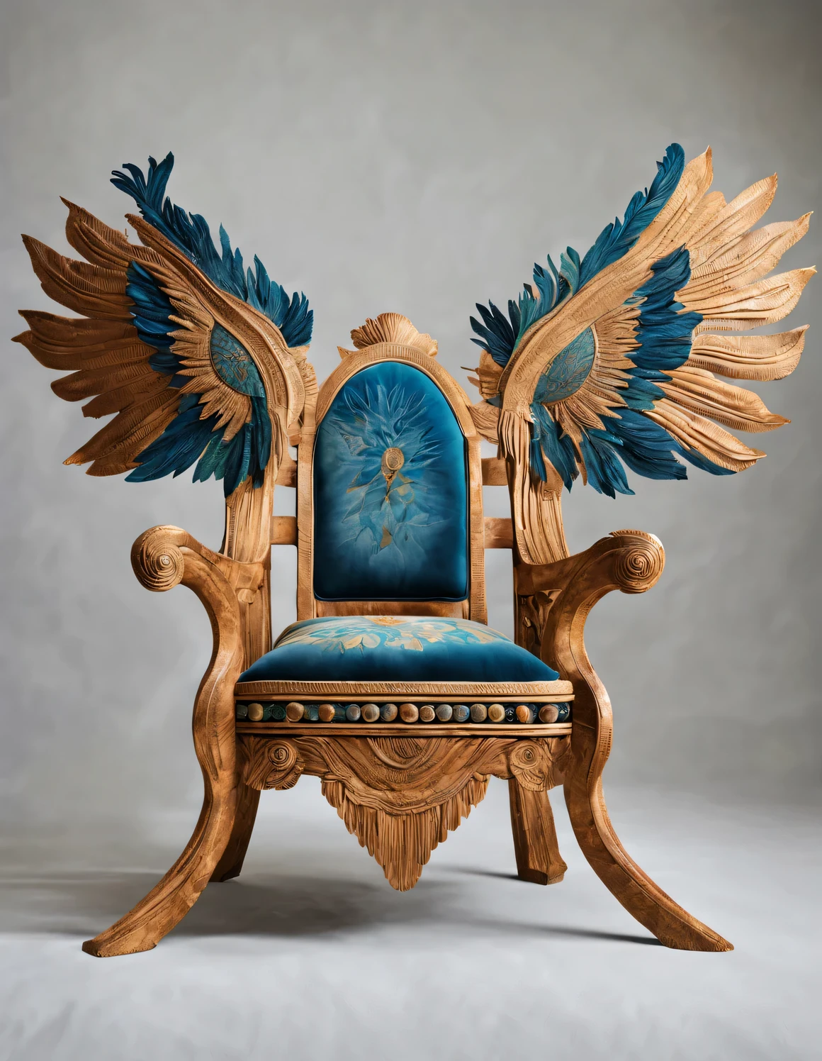 an art deco, (a chair), Style from ancient Egypt,
The color of the chair is dark red, Bright blue, Black, blue green, orange, white, Brown, and light Brown
On the chair, There are pyramids, the sphinx, lotus, papyrus flower, Palm leaves, and a vulture with outstretched wings on a chair encrusted with gems, pearl, Glass, and feathers,
have outstanding、Luxurious visual beauty, Rich decorative techniques, And the most gorgeous and simple appearance, The manor has a strong religious and mysterious color,