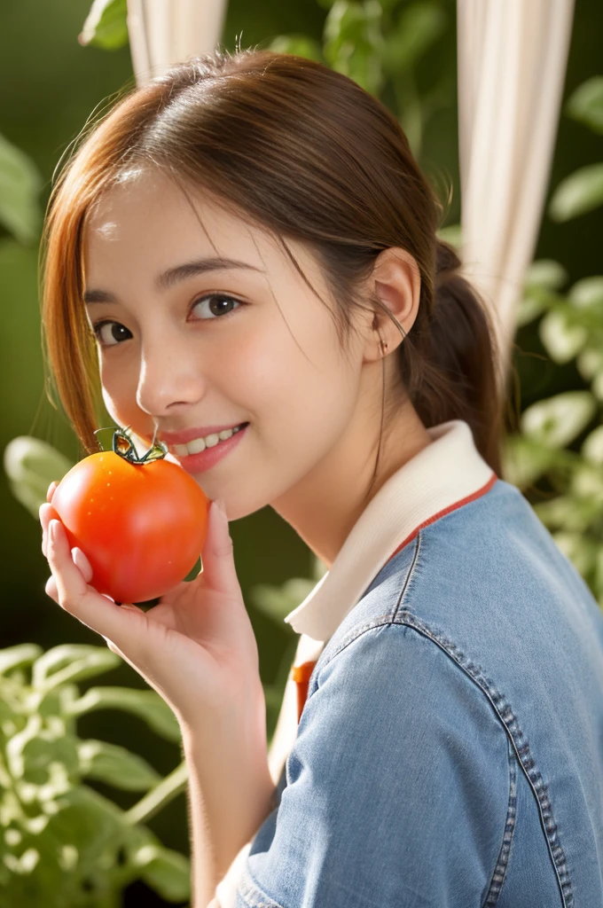((A girl is holding a cherry tomato in her hand)),(Tomato field),((cherry tomato)),squatting,medium shot,28 years old,ultra-realistic capture, very detailed, 人間の皮膚のHigh resolution16kクローズアップ. Skin texture must be natural, Enough detail to finely identify pores. skin needs to look healthy, with an even tone. Use natural light and color,(highest quality,4K,8K,High resolution,table top:1.2),super detailed,very detailed目と顔,beautiful and fine eyes,beautiful detailed lips,long eyelashes,((realistic)),realistic:1.37,Japanese,fine white skin,((skinny jeans)),((polo shirt)),beautiful and magnificent composition,Charm,cute,silky smooth and straight hair,ponytail,sharp focus,sunset,smiling cheerfully,(With a round face)