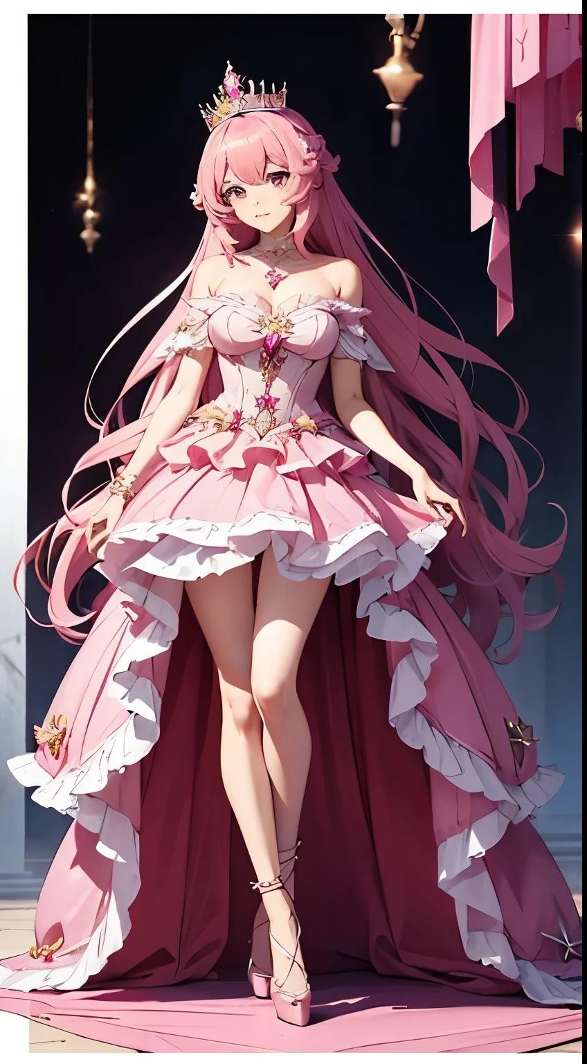 a full body of a woman in a pink dress with a crown on her head, 2. 5 d cgi anime fantasy artwork, anime fantasy artwork, beautiful fantasy anime, beautiful fantasy art, beautiful alluring anime woman, anime goddess, a beautiful fantasy empress, anime fantasy illustration, extremely detailed artgerm, 8k high quality detailed art, fantasy art style, heels, standing, transparent, princess, ballerina