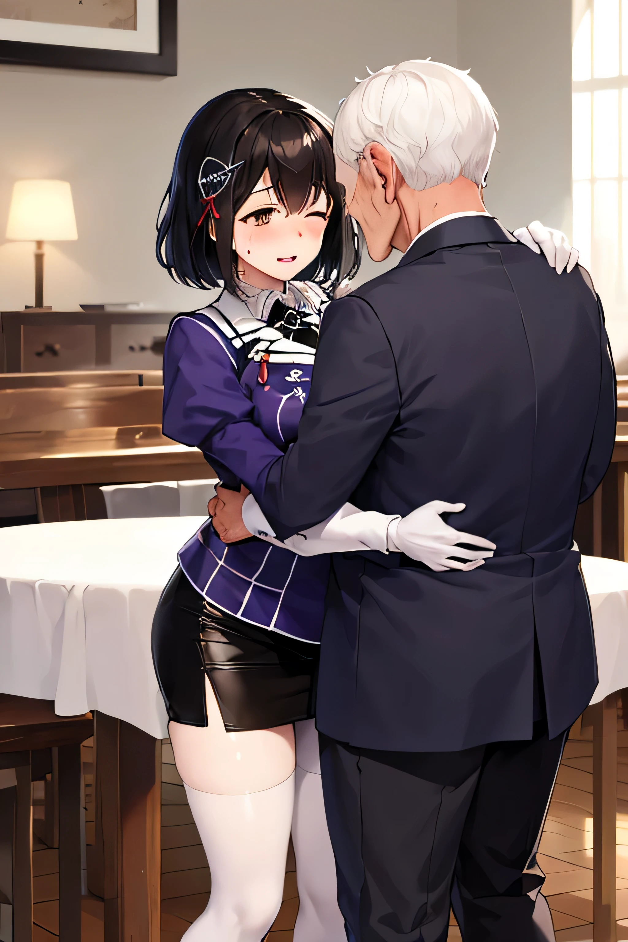 (1 old man and 1 woman,have sex:1.7),hug from behind,Chest grab:1.5),(Pregnant),,((KanColle)),(Ahegao, blush, Sweat, open your mouth, roll your eyes, tears, stick out tongue,)(parted lips),(I feel weak when I close my eyes),(table top, highest quality:1.2), 
Haguro \(KanColle\), short hair, black hair, brown eyes, hair ornaments,
uniform, purple jacket, black tie, white gloves, Black belt, black skirt, mini skirt, pencil skirt, white pantyhose,
indoors,