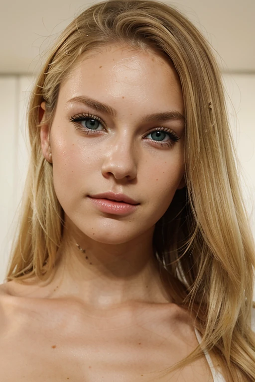 create a 24 years old girl with a beautiful face structure blonde hair and green eyes with a birth mark on the right above the lips