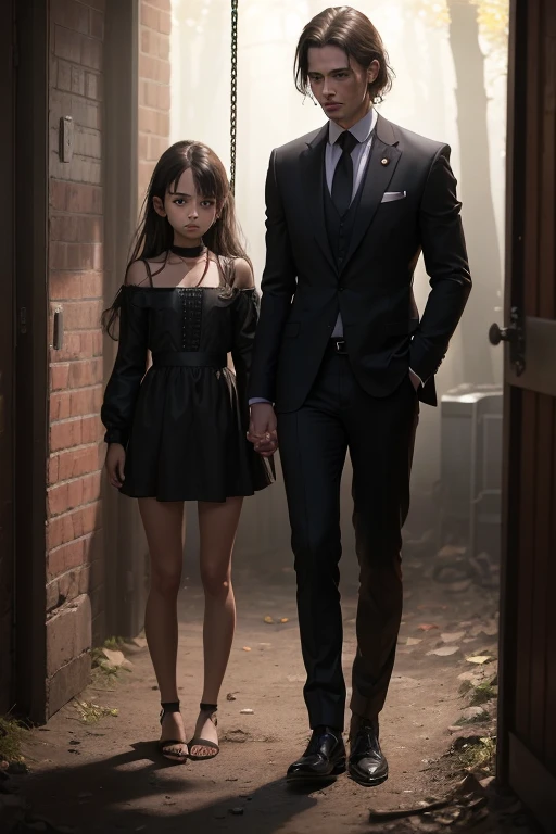 1man in a suit standing behind the girl in background, 1girl, cute Nordic , nine years old, A 9-year-old brunette girl,p*s*y_outline and nipple_outline, flat chest,Wearing chains and bondage,Handcuffs on their hands,The feet are fully shackles,Eight inside both feet,and hold your head in your hands,,Very melancholy look, dirty basement with matress on ground background, contoured chest, , all black, matte black detail, K original photo, best quality, masterpiece, super high resolution, natural skin texture, realistic eye and face details, realistic, looking at the audience, Dark forest, outdoors, photos.