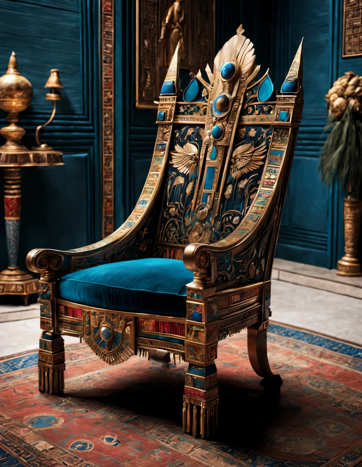 ultra high definition, masterpiece, Accurate, Super details, high detail, high quality, Award-winning, best quality, Level, 16k, background: simple golden halo,
an art deco, (Close-up of the front of the chair), (Ancient Egyptian style),
The color of the chair is dark red, Bright blue, Black, blue green, orange, white, Brown, light Brown
There are patterned pyramids, the sphinx, lotus, papyrus flower, Palm leaves, and vulture on chair,
The chair is inlaid with rubies, emeralds, lapis lazuli, Black mussels, exit, pearl, stained glass, and feathers,
It has very rich decorative techniques, Solemn and gorgeous appearance, Simple and clear, With strong religious and mysterious color, Highlight the luxurious and strong visual aesthetics,