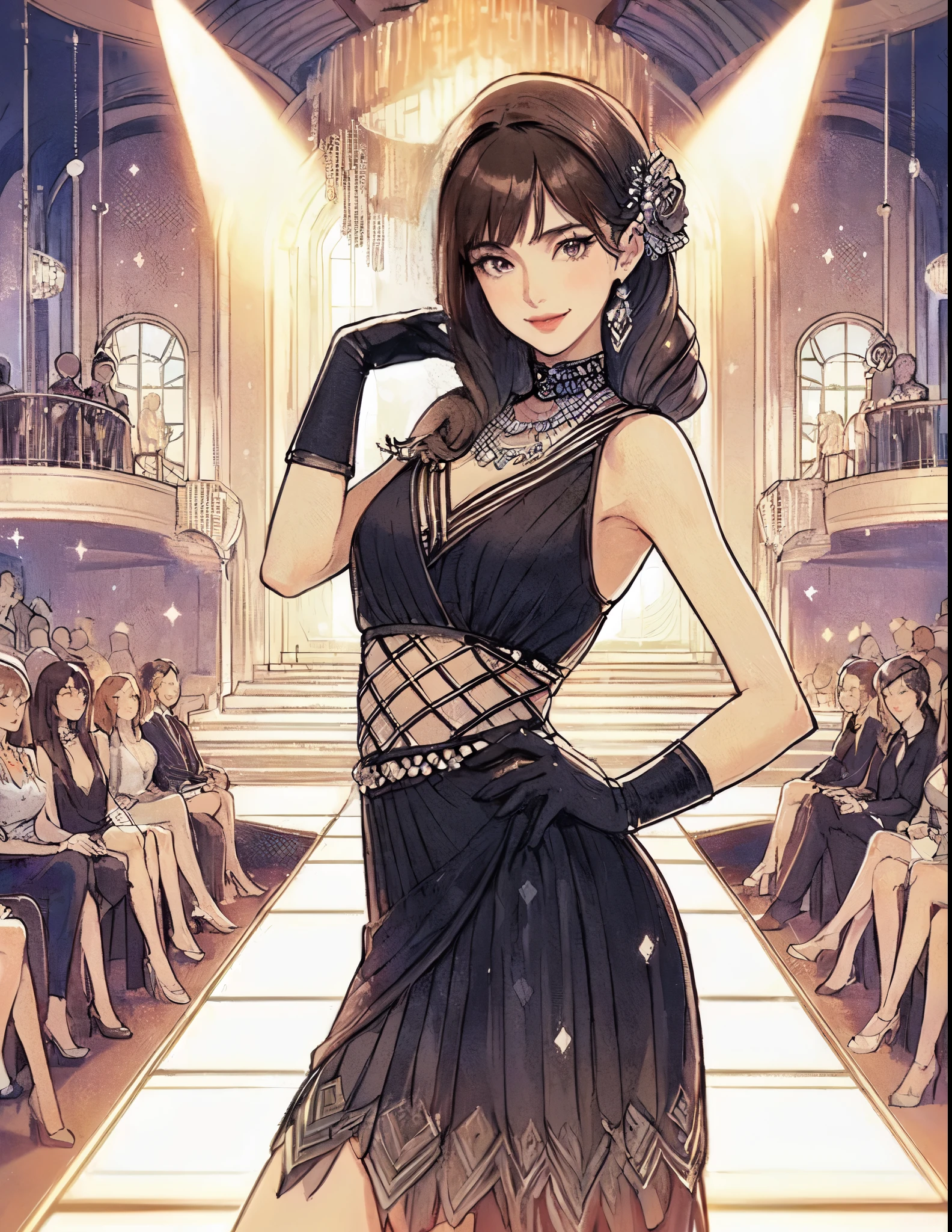 1lady solo, (contrapposto:1.2) on central stage, model, (chic black dress) stylish outfit, mature female, /(dark brown hair/) bangs, elegantly smile, (masterpiece best quality:1.2) delicate illustration ultra-detailed, medium breasts BREAK (Art Deco style dress:1.2) (geometric pattern:1.2), simple, minimal decoration BREAK (fashion show:1.2) (bustling venue indoors), (Art Deco style:1.2), spotlight, audience, detailed background