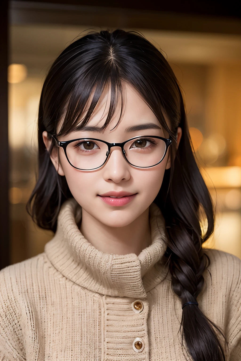 (8K、RAW photo、highest quality、masterpiece:1.2)、(realistic、Photoreal:1.37)、Super detailed、ultra high resolution、1 girl、see the beholder、beautiful and detailed face、laughter、narrow、(slim waist) :1.3)、beautiful and smooth skin、Warm clothes for winter、skin texture、floating hair、Office district on a winter morning、Black square glasses 、as a whole human body、black hair、