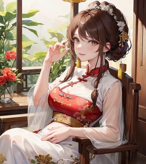 masterpiece, best quality, married woman， aldult, Chinese style, China, elder sister,  Smile, hairpin，brown hair, princess cut, Single braid，Full of motherhood，cheongsam，purely，blush，Dignified yet lively，Mother，Put your hands on your belly，thin lips，Mature