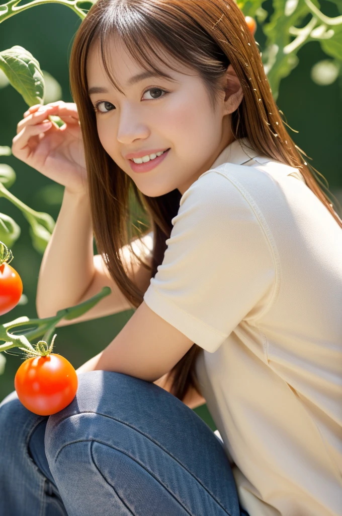 ((A girl is holding a cherry tomato in her hand)),(Tomato field),((cherry tomato)),squatting,medium shot,28 years old,ultra-realistic capture, very detailed, 人間の皮膚のHigh resolution16kクローズアップ. Skin texture must be natural, Enough detail to finely identify pores. skin needs to look healthy, with an even tone. Use natural light and color,(highest quality,4K,8K,High resolution,table top:1.2),super detailed,very detailed目と顔,beautiful and fine eyes,beautiful detailed lips,long eyelashes,((realistic)),realistic:1.37,Japanese,fine white skin,((skinny jeans)),((polo shirt)),beautiful and magnificent composition,Charm,cute,silky smooth and straight hair,ponytail,sharp focus,sunset,smiling cheerfully,(With a round face)