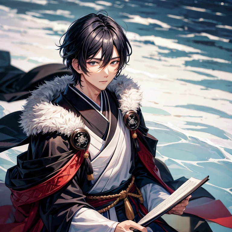 Real Japanese handsome man、black hair、cloak