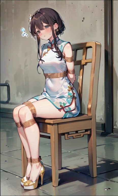 masterpiece, best quality,alone,(()),((blush)), ((tears)), (()),((Exhausted)),((High heel)),((cheongsam)), (((()))),((arms_behind_Back)),((legs together)), ((Bondage)),((chaili)),Imprisoned